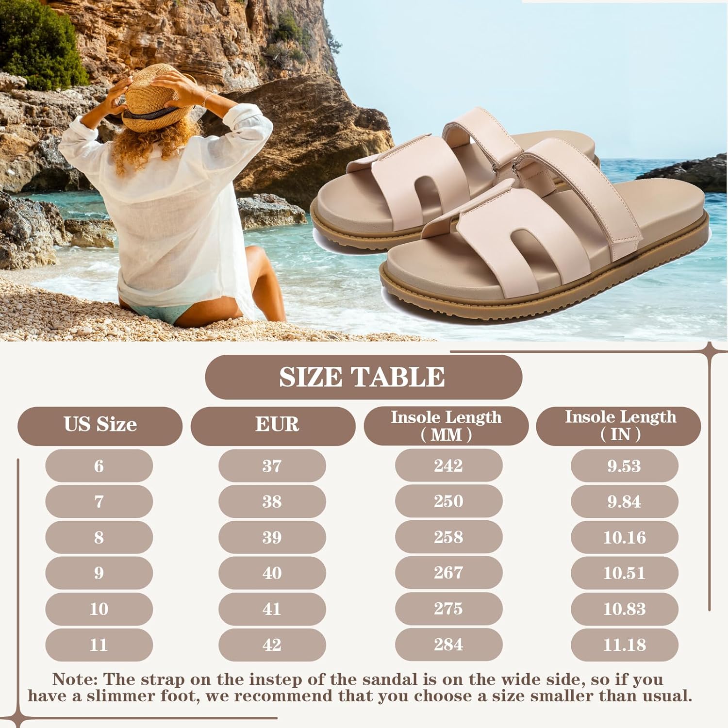 ZEENXIUYA Women's Slide Sandals with Comfort Arch Support, Adjustable Velcro Summer Beach Slides, Lightweight Slip on H-Strap Leather Open Toe Wide Flat Sandal - Image 3