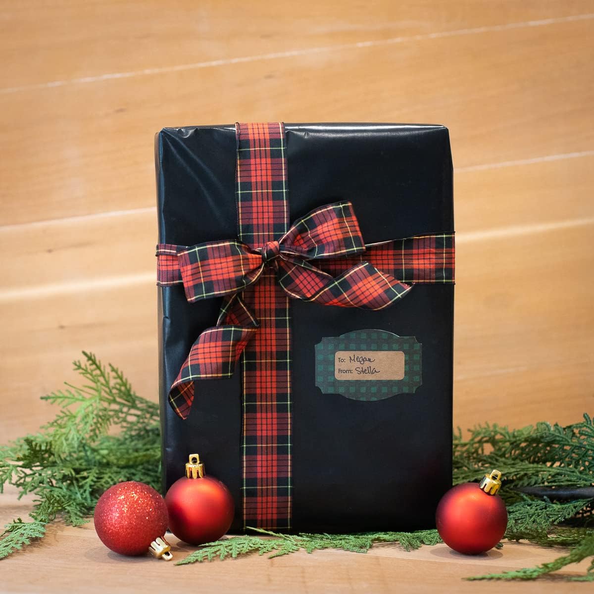 Green Buffalo Plaid Christmas Gift Tag Stickers – 2 x 3 Inch Holiday Labels, Roll of 100 – Rustic Kraft Adhesive Tags for Wrapping Presents, Made in The USA