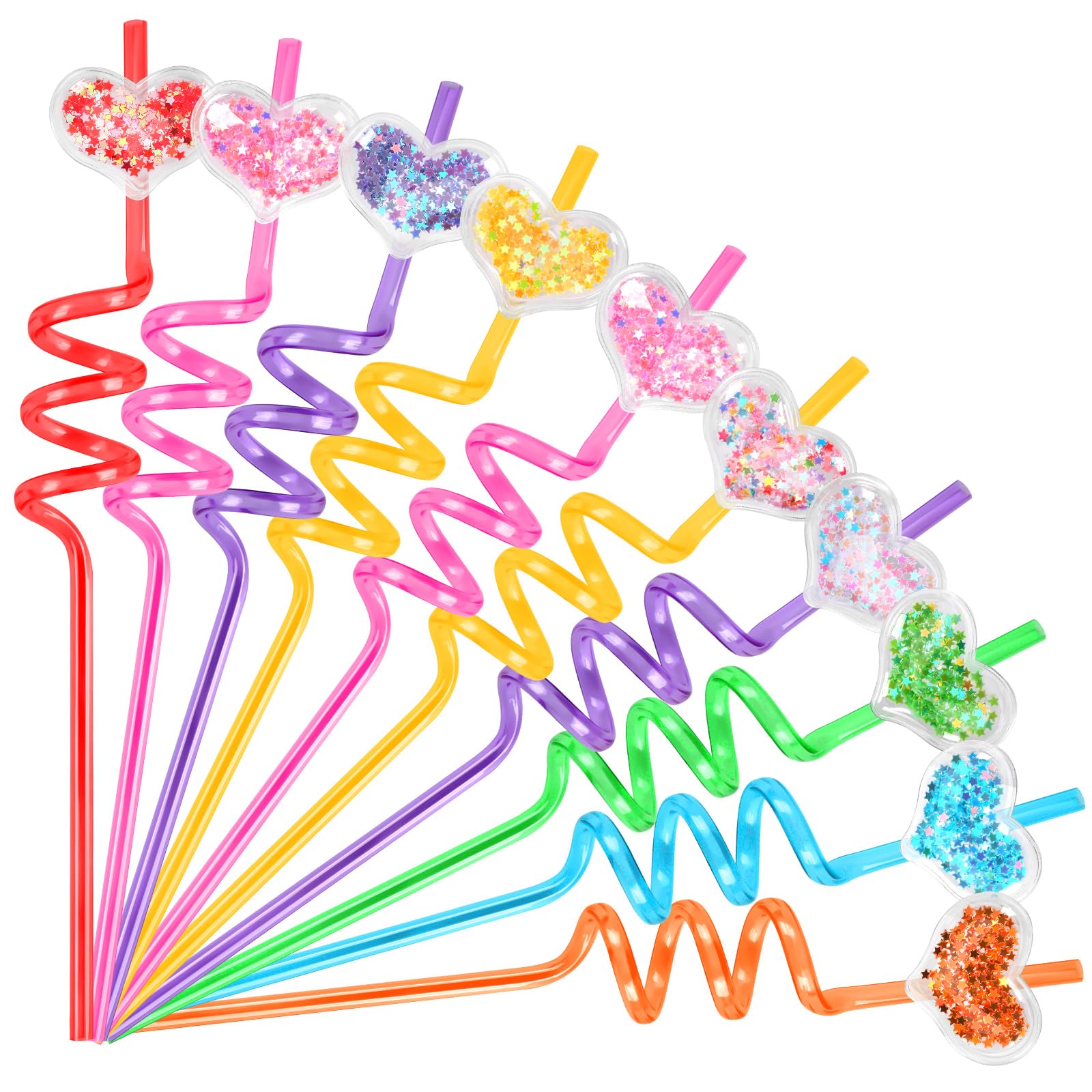JANYUN Straws, 20 Pcs Reusable Heart Plastic Straws Party Favors Glitter Drinking Straws Gifts for Kids Classroom Exchange Prizes（10 Styles）