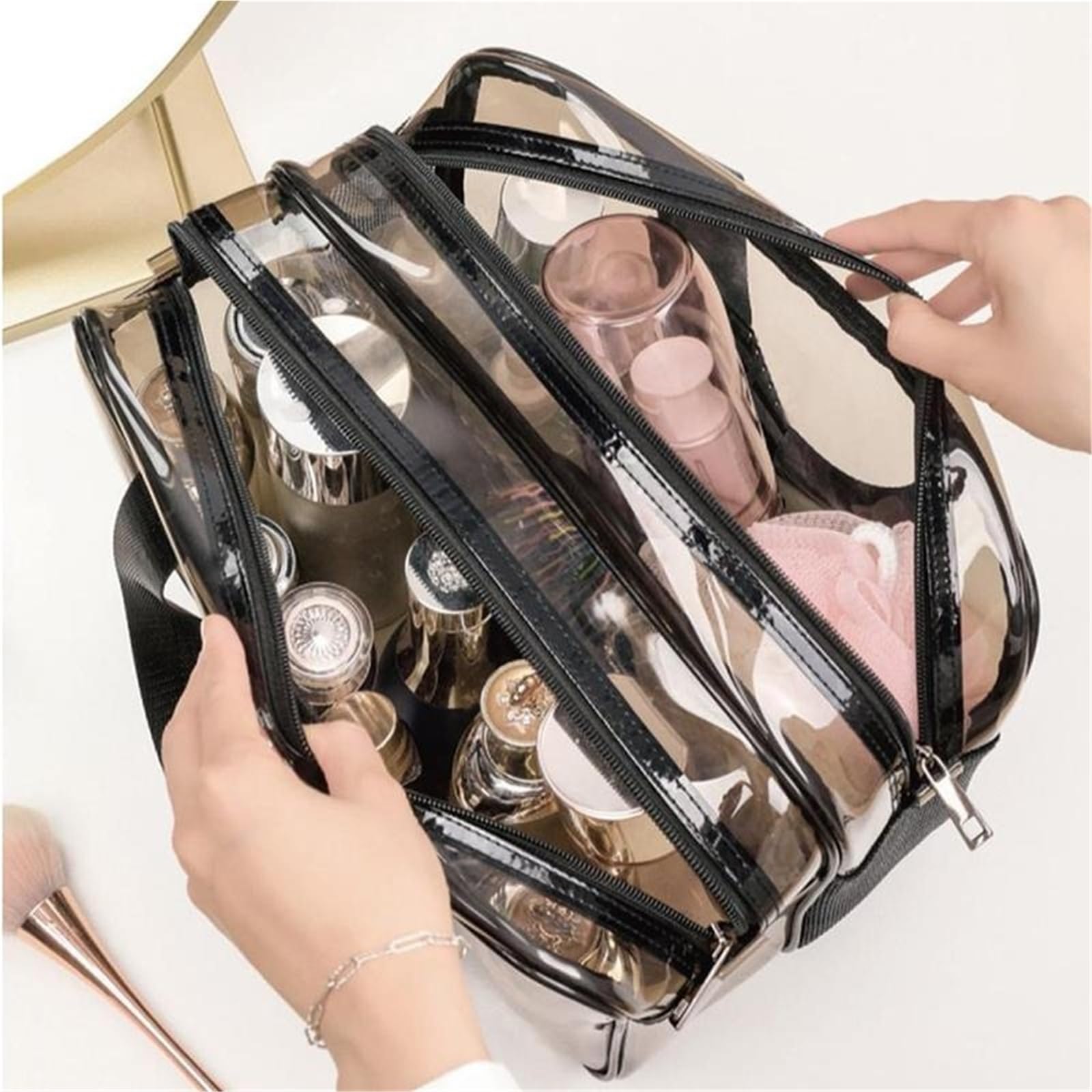 Borsa da toilette trasparente for donne e uomini, grande borsa da viaggio portatile for il trucco, borse cosmetiche 2 strati beauty case(Clear)