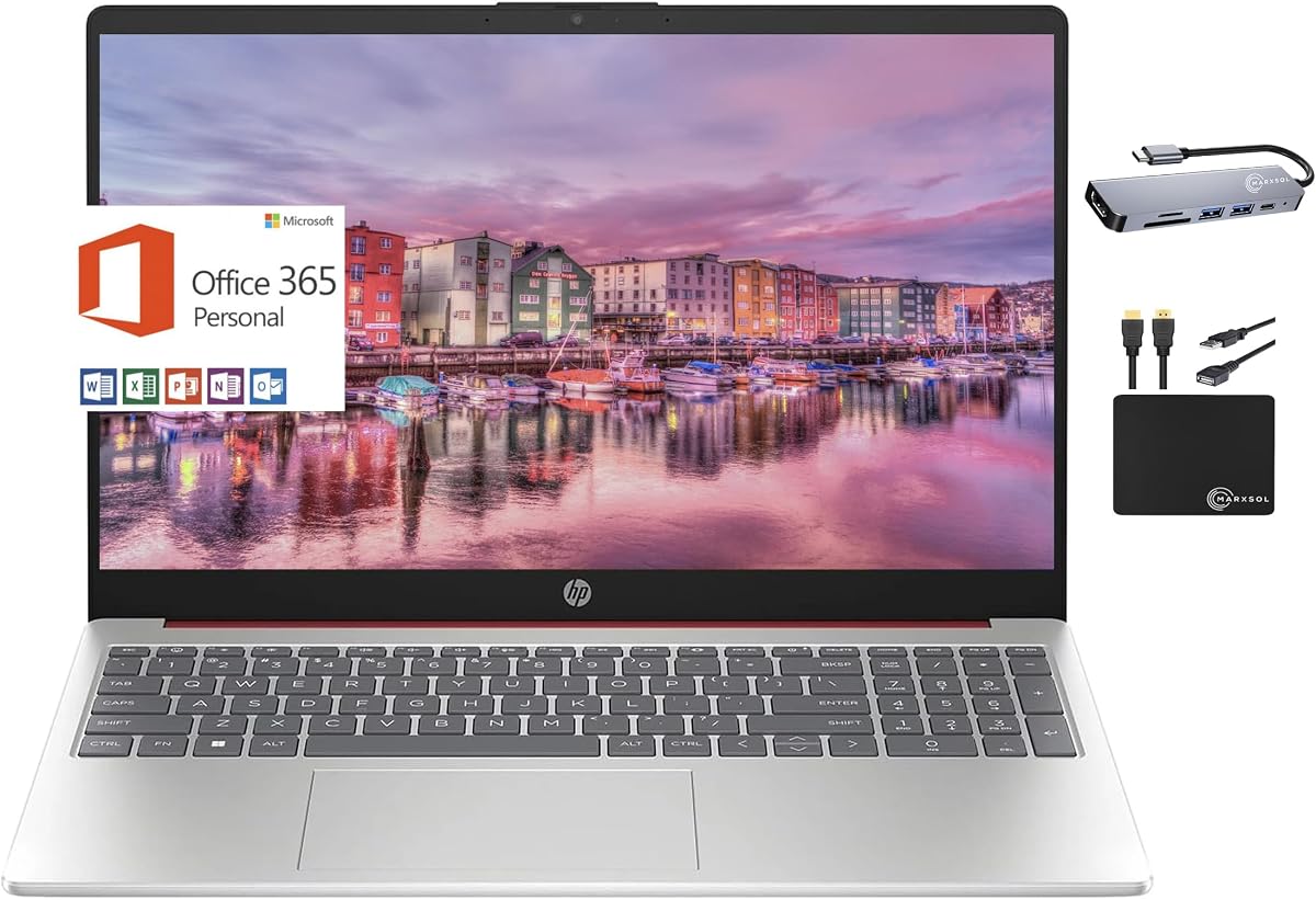 Laptop Computer 2024, 15.6" HD Display, Quad-Core Intel Processor N200, 8GB RAM, 384GB Storage (128GB UFS + 256GB Card), WiFi, Webcam, 1 Year Office 365, Long Battery, Win 11S+MarxsolAccessory Red