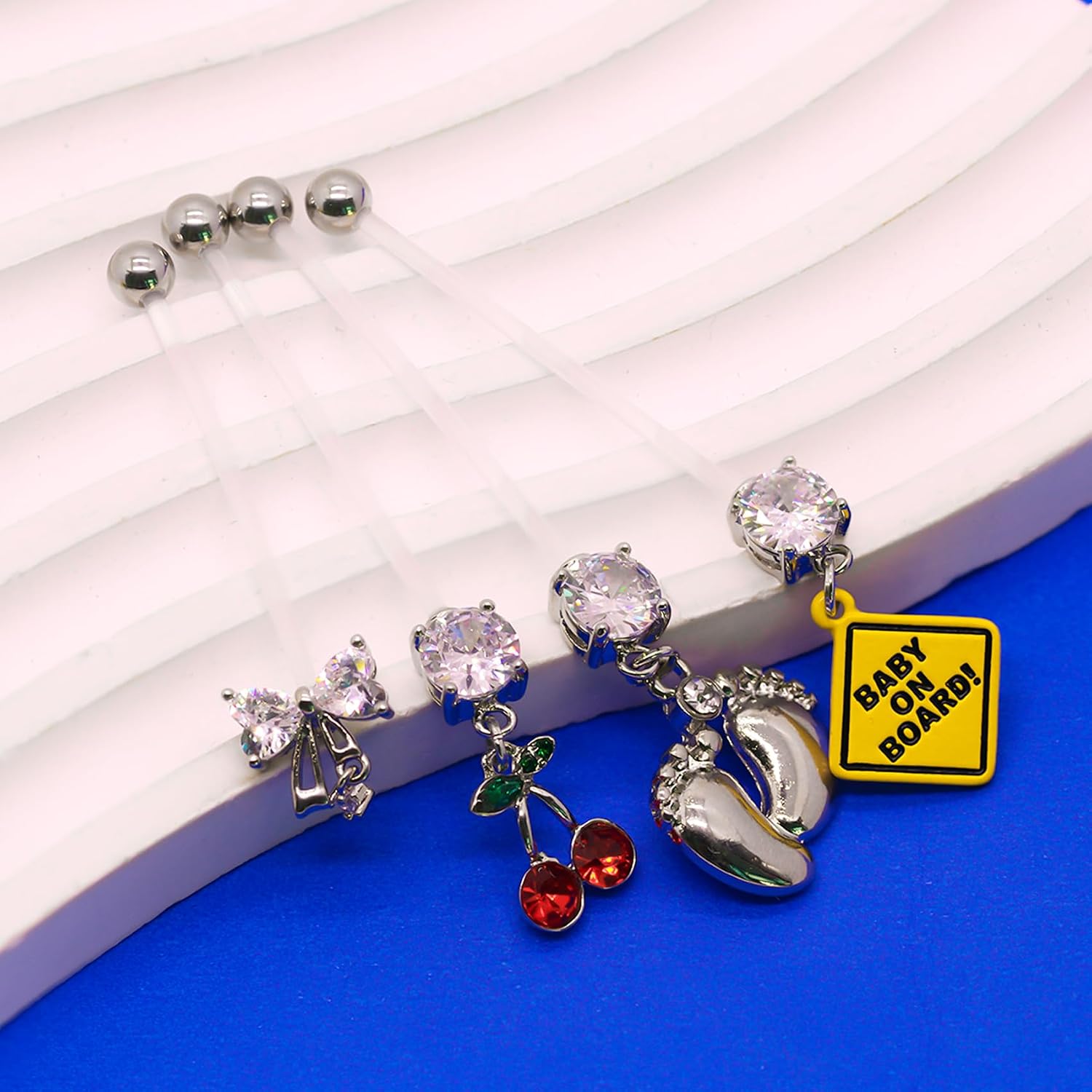 VERAMI 3 Pcs 38mm Pregnancy Belly Button Rings,14G Flexible Bioplast Long Bar Cute Little Feet Belly Rings for Maternity Clear Navel Piercing Retainer
