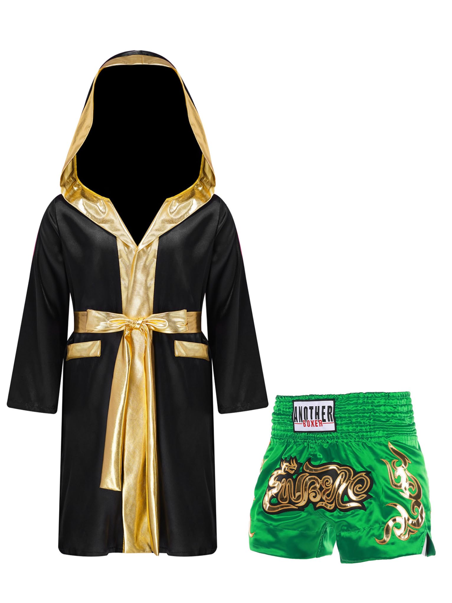 Mufeng Vestaglia da Boxe Bambino a Maniche Lunghe Costume da Pugile Boxing Robe Accappatoio con Cappuccio + Pantaloncini per MMA Combattimento Arti Marziali
