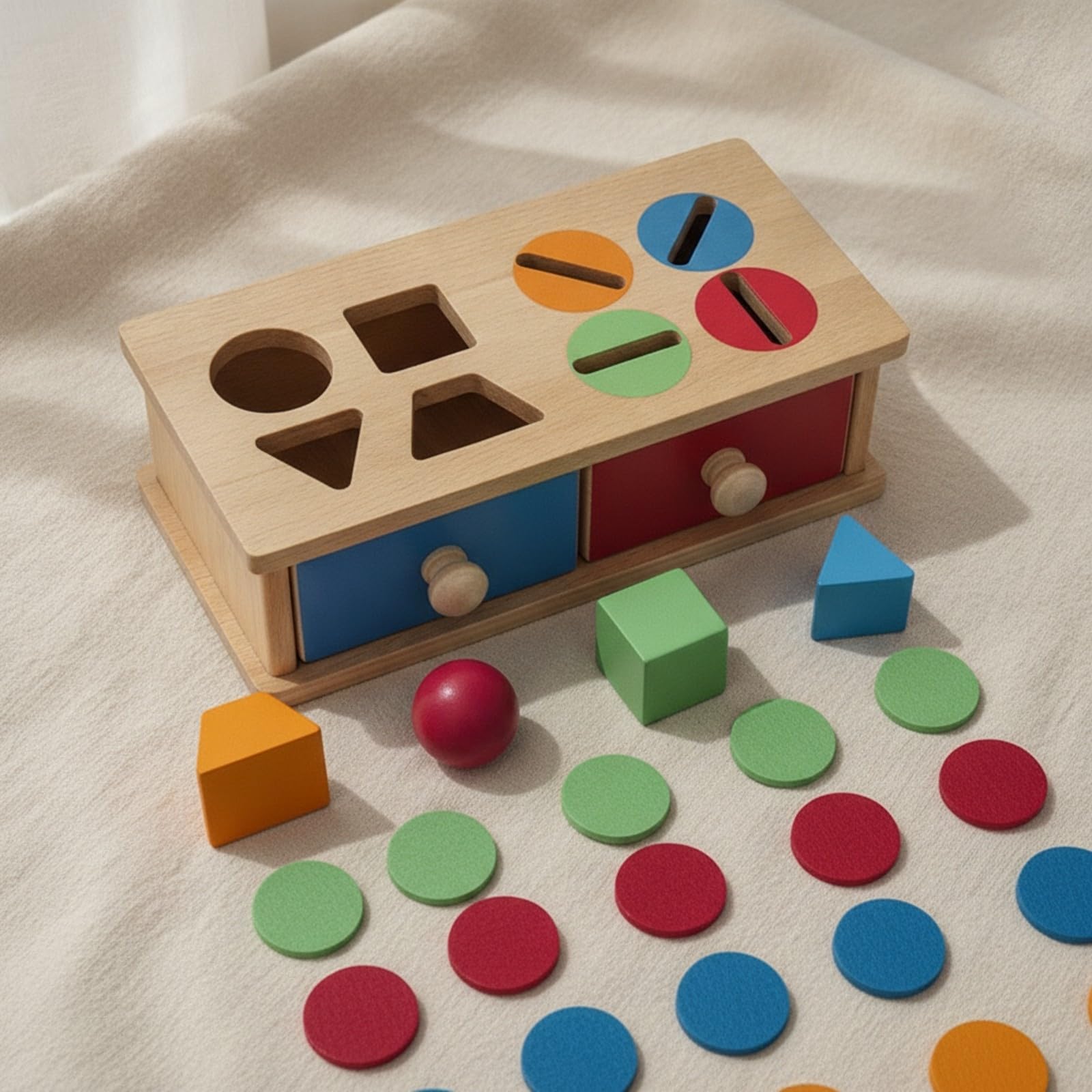 Qianly Boîte à Formes en Bois Hêtre Coloré Ludique, Boîte D'apprentisge Pièces Géoméques en Bois, Intactif, J Éducatif, École Matnelle