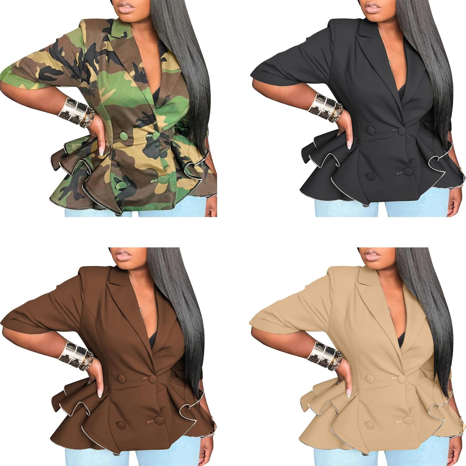 Vakkest Women's Camo Blazer Jacket Long Sleeve Casual Ruffle Hem Lapel Neck Double Breasted Tiered Peplum Blouse Tops - Image 5
