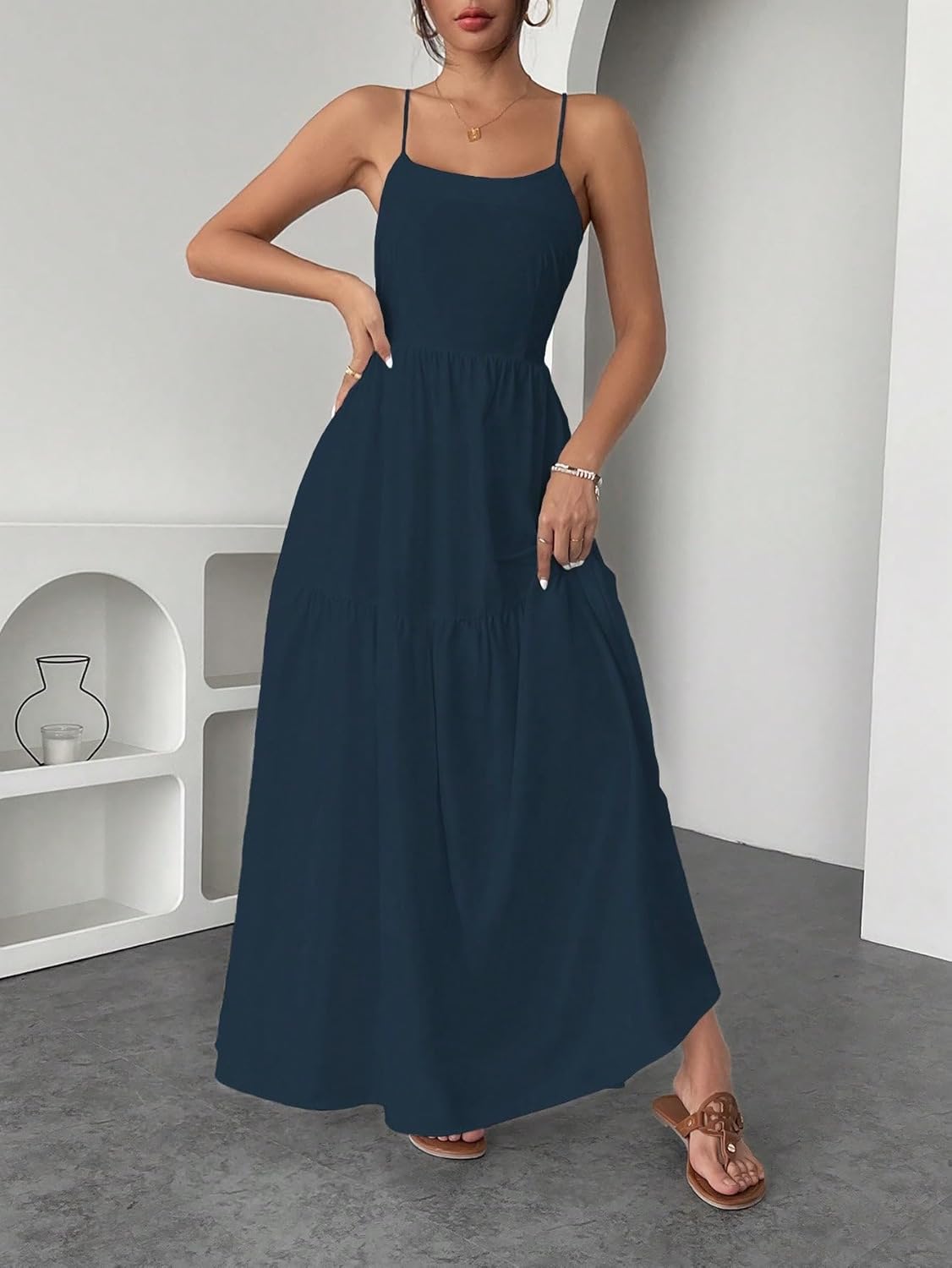 SHENHE Women's Backless Cami Dress Criss Cross Open Back Flowy Dress Ruffle Summer Vacation Maxi Sundress - Image 5