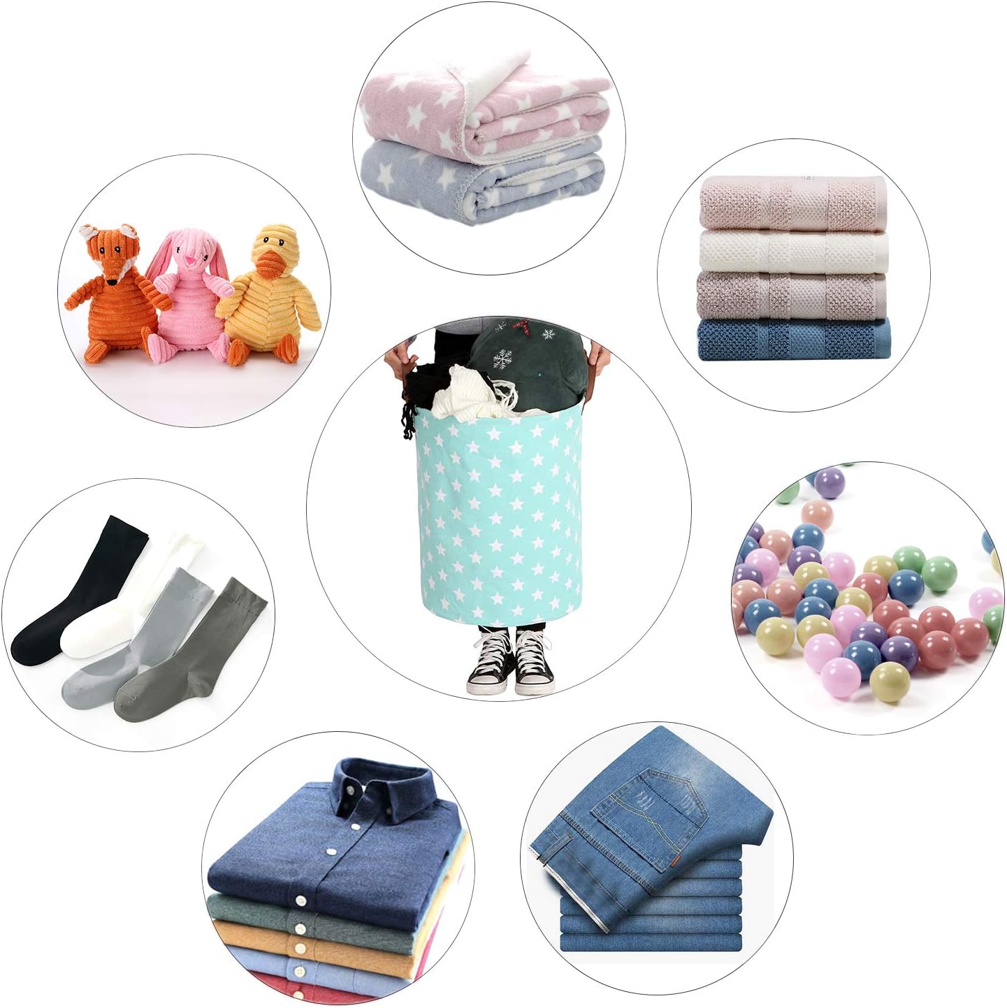 Sea Team Laundry Hamper Canvas Fabric Laundry Basket Collapsible Storage Bin with PU Leather Handles and Drawstring Closure (19.7"/Large, Mint)