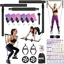 Ensemble de Barres Pilates, 6 x Bandes de Fitness, Bandes de résistance avec Barre, poignées, ancrages de Porte, Sangles de Pieds, Bandes de résistance et pour Salle de Sport intérieure et extérieure