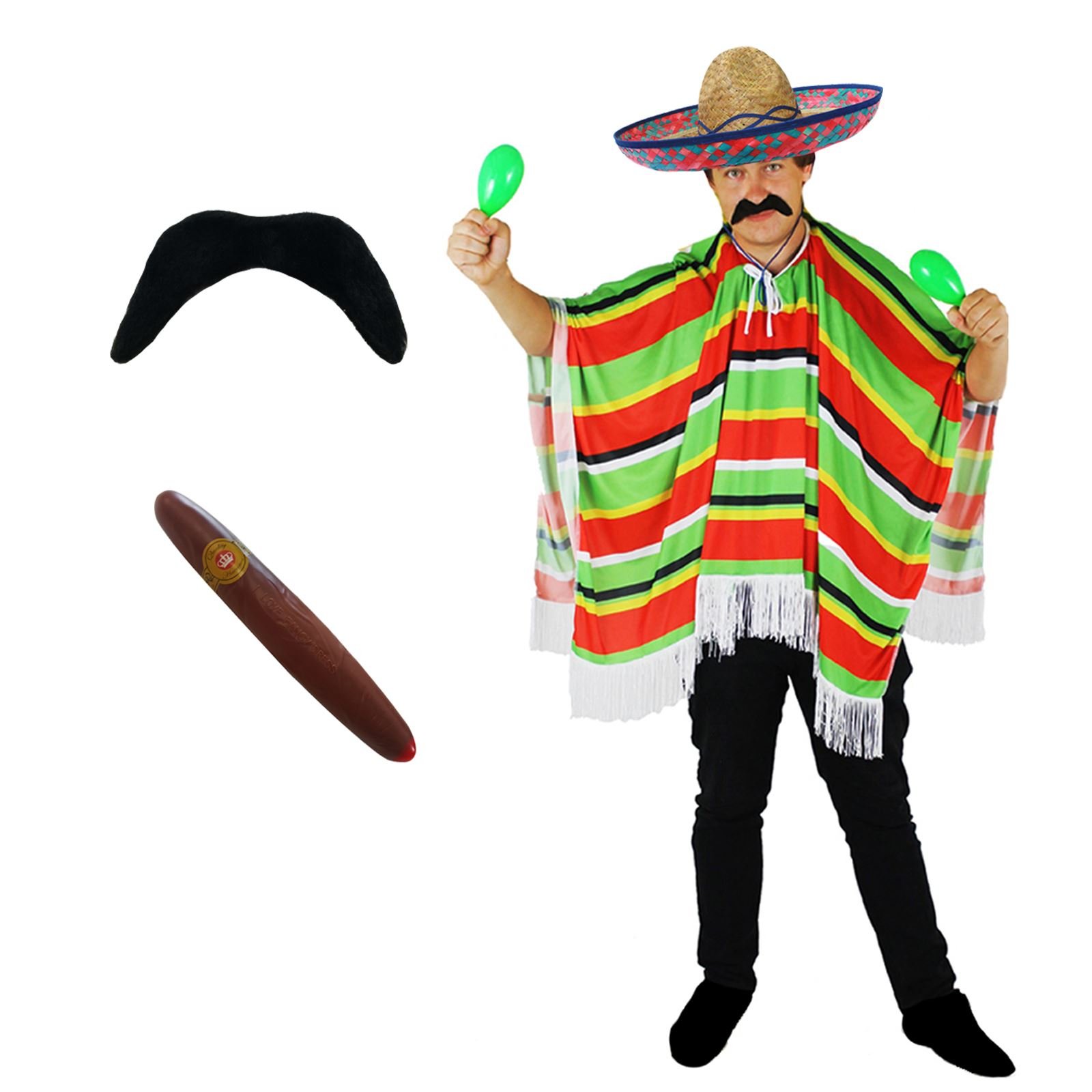 Costume Mexicain Poncho + Sombrero + Moustache - Taille S à XXXL - Pour Fête Et Déguisement