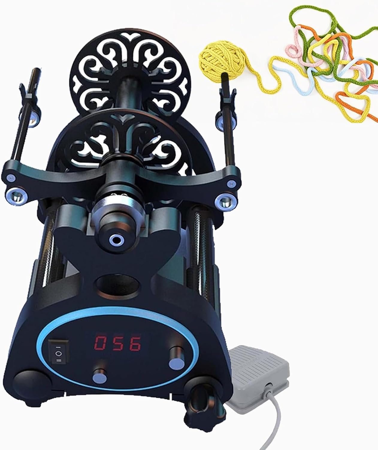 Wool Spinning Wheel, 12v Adjustable Speed Wool Winding Machine,with Digital Display And Foot Switch, Forward And Reverse Switching, Suitable For Wool, Silk, Fiber And Other Weaving(Black,Blue)