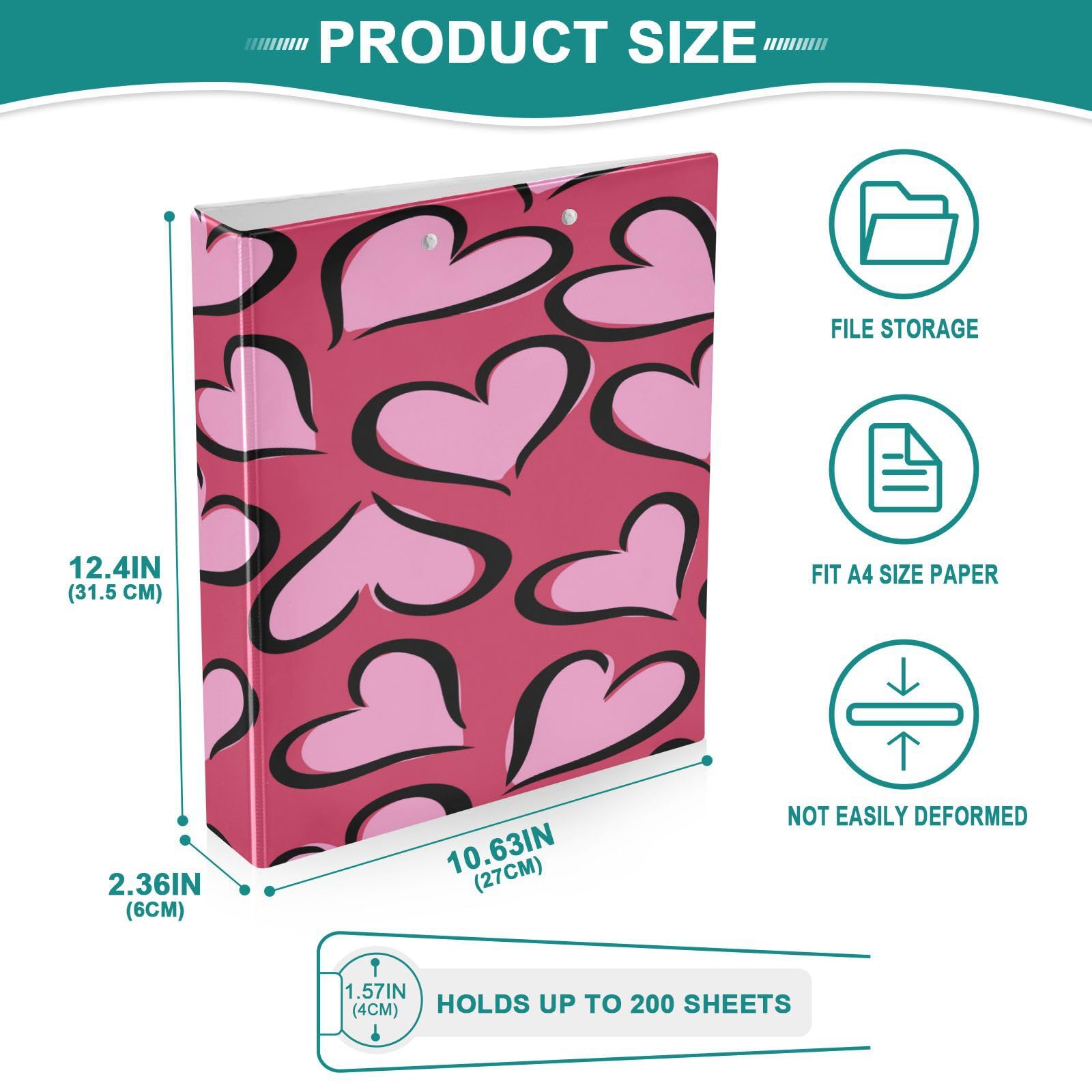 SKYSHU Love Heart - Raccoglitori ad anelli rotondi con 3 tasche interne in PVC trasparente, impermeabili, robusti, 3,8 cm, con clip in metallo antiscivolo, raccoglitori versatili per 200 fogli,