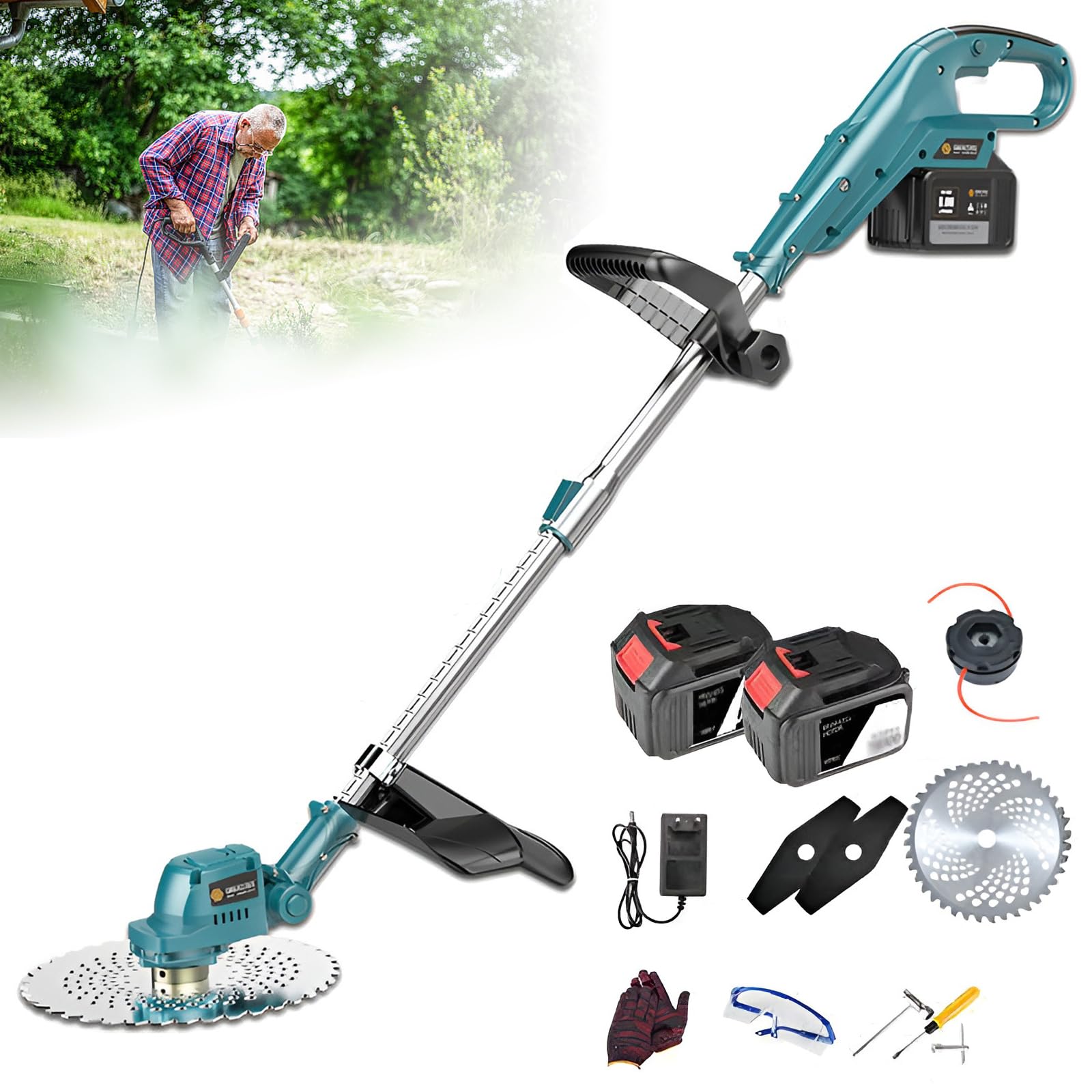 Coupe-bordures sans fil avec 2 batteries et lames pour entretenir le jardin