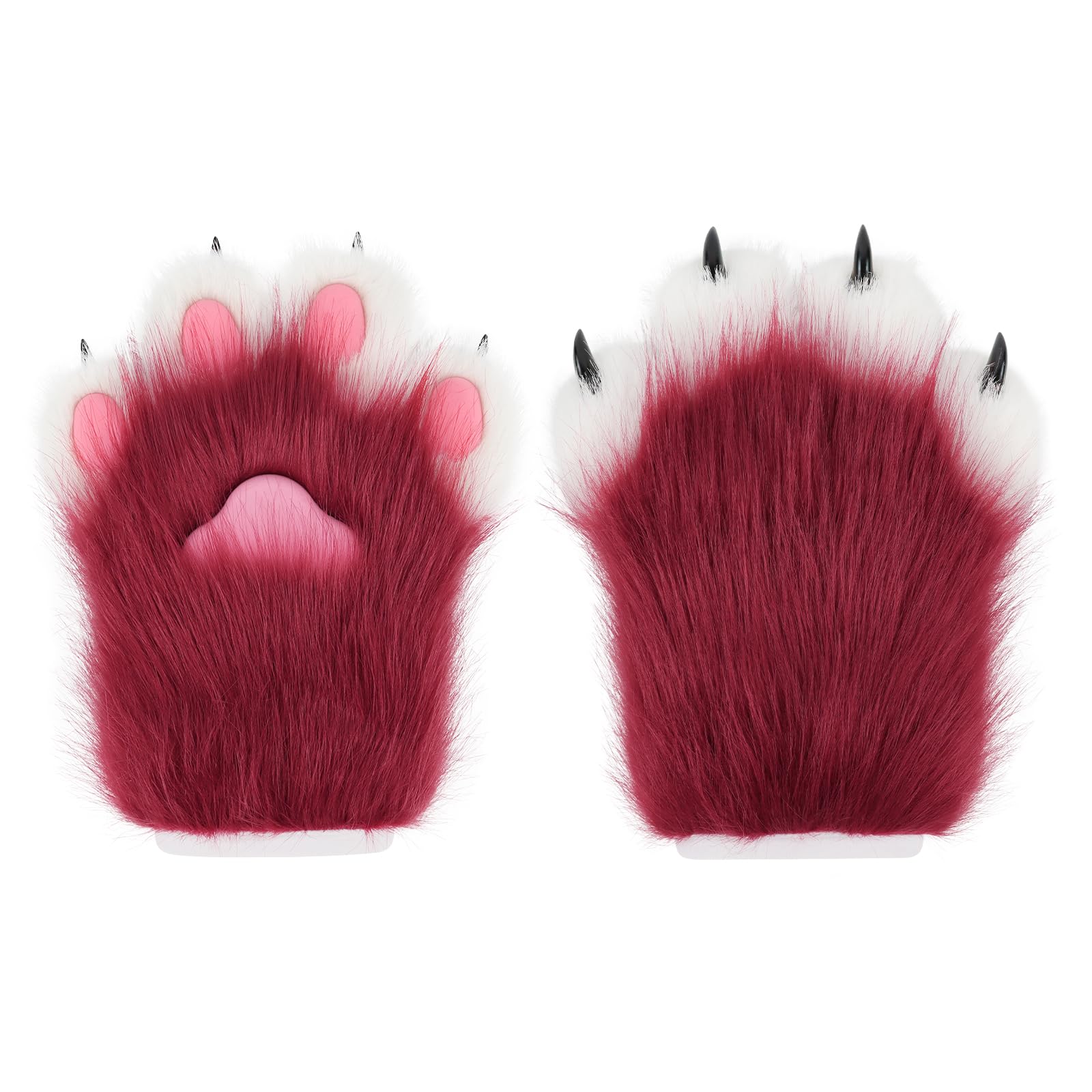 hbbhml Faux Fur Fur Cat Claw Gloves Fox Paws Mittens, Wine red, One Size