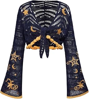 Women's Crochet Crop Top Cardigan Hollow Out Embroidered Hippie Knit Bolero Cardigan