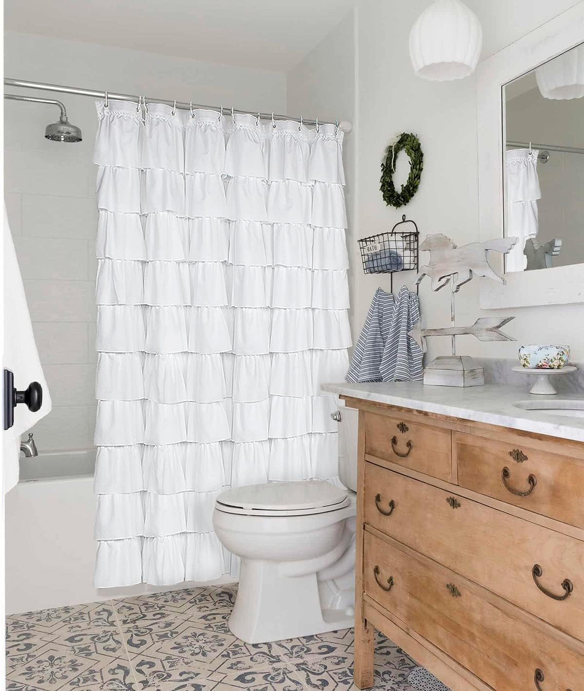 Volens Cortina de ducha blanca con volantes para baño, 72 pulgadas de largo