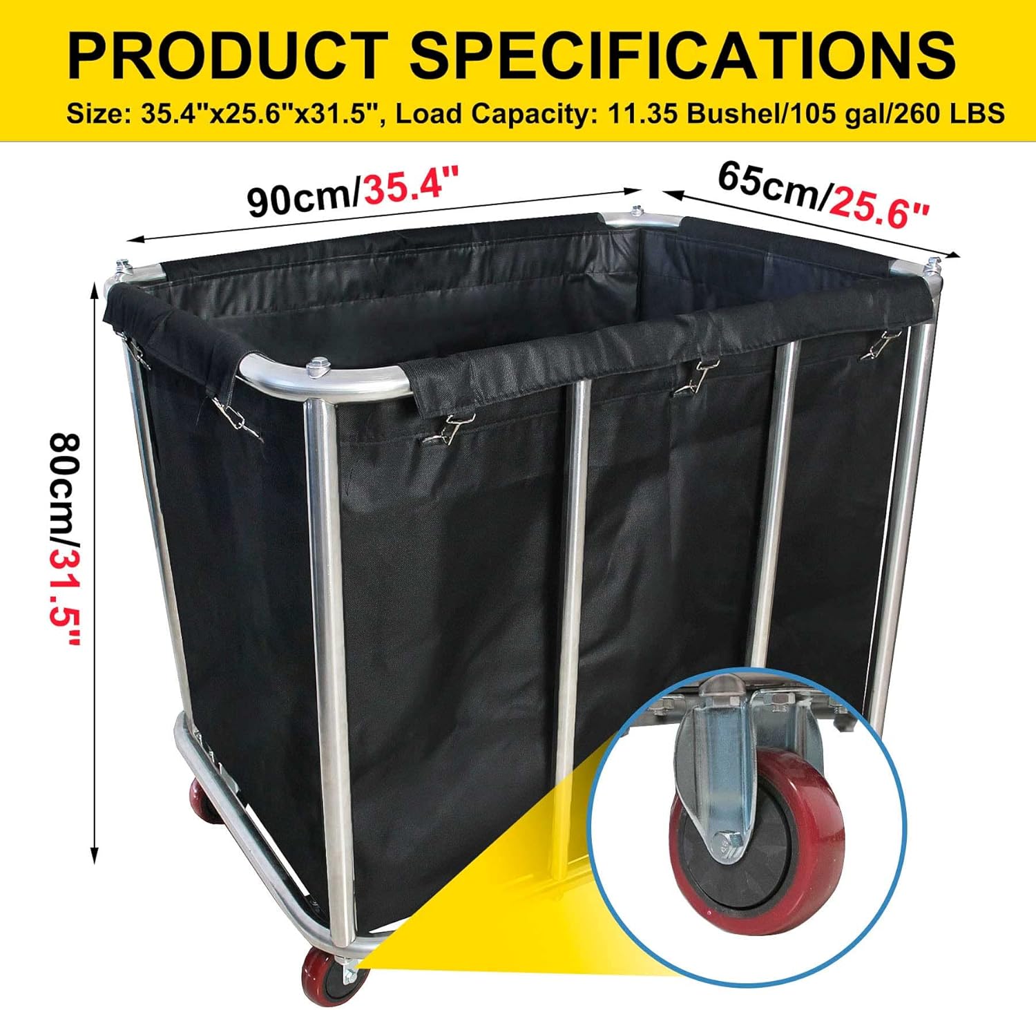 Industrial Commercial Large Rolling Laundry Cart, Heavy Duty Canvas Hamper, 11.5 Bushel, 260LBS Load, Wheeled, Black