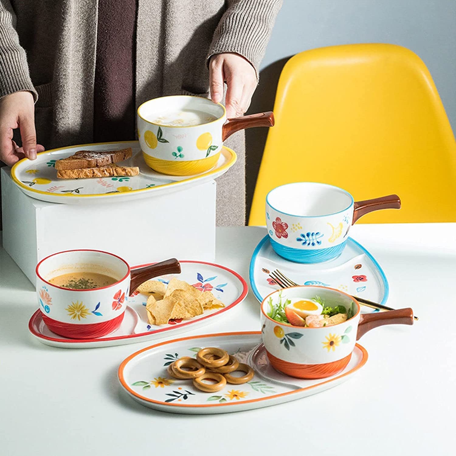 HEAGER Keramik Schüssel, Suppe Schüssel, Keramik-Cremesuppenschüsseln und -Untertassen, Teller- und Schüssel-Set for 1 Person, Frühstücksschüsseln mit Crackerhalter.-rot