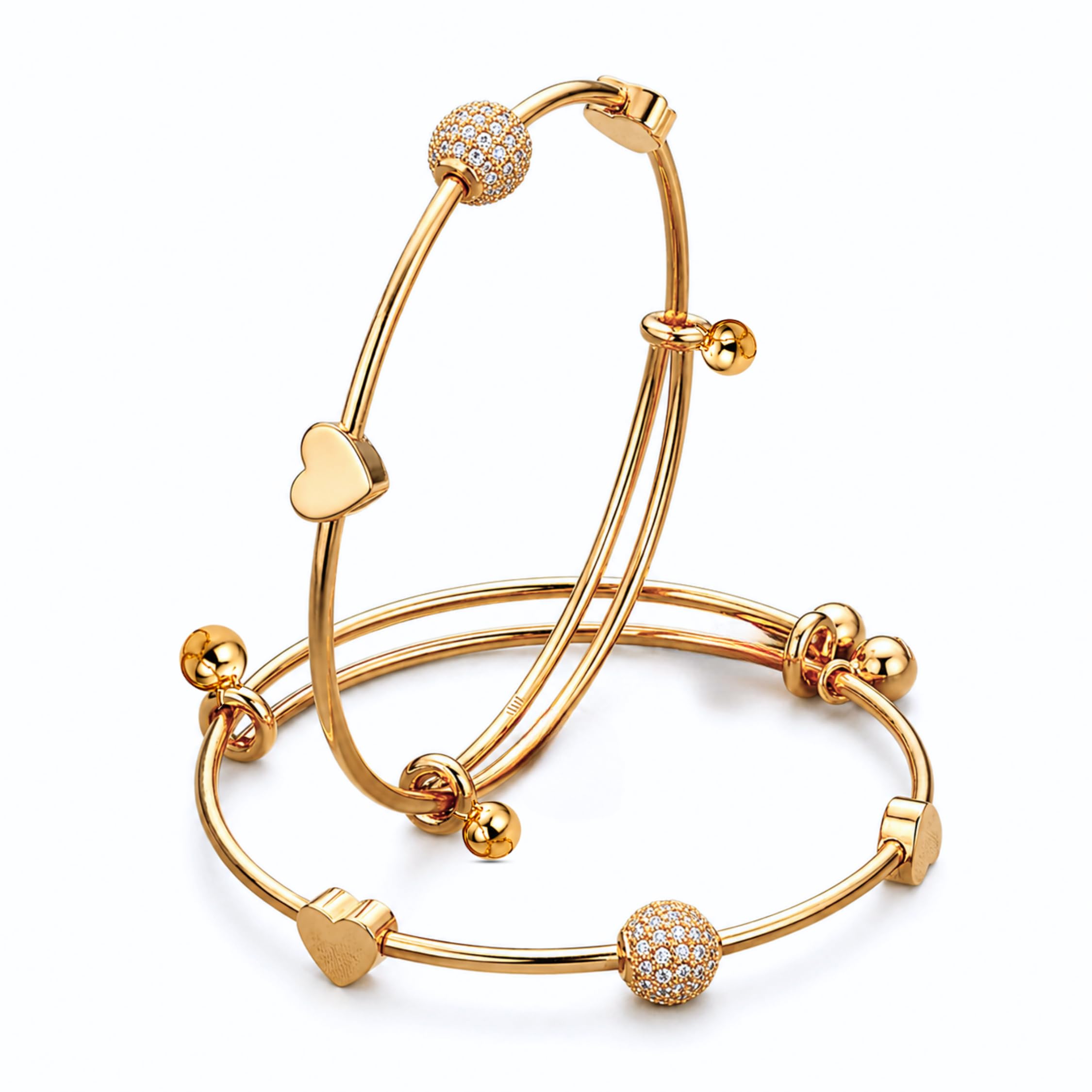 Gold Plated Bangle Kada Set with Heart Charms, Ghungroo and Zircon Studded Ball, Adjustable Size For Women and Girls Set of 2-image-22