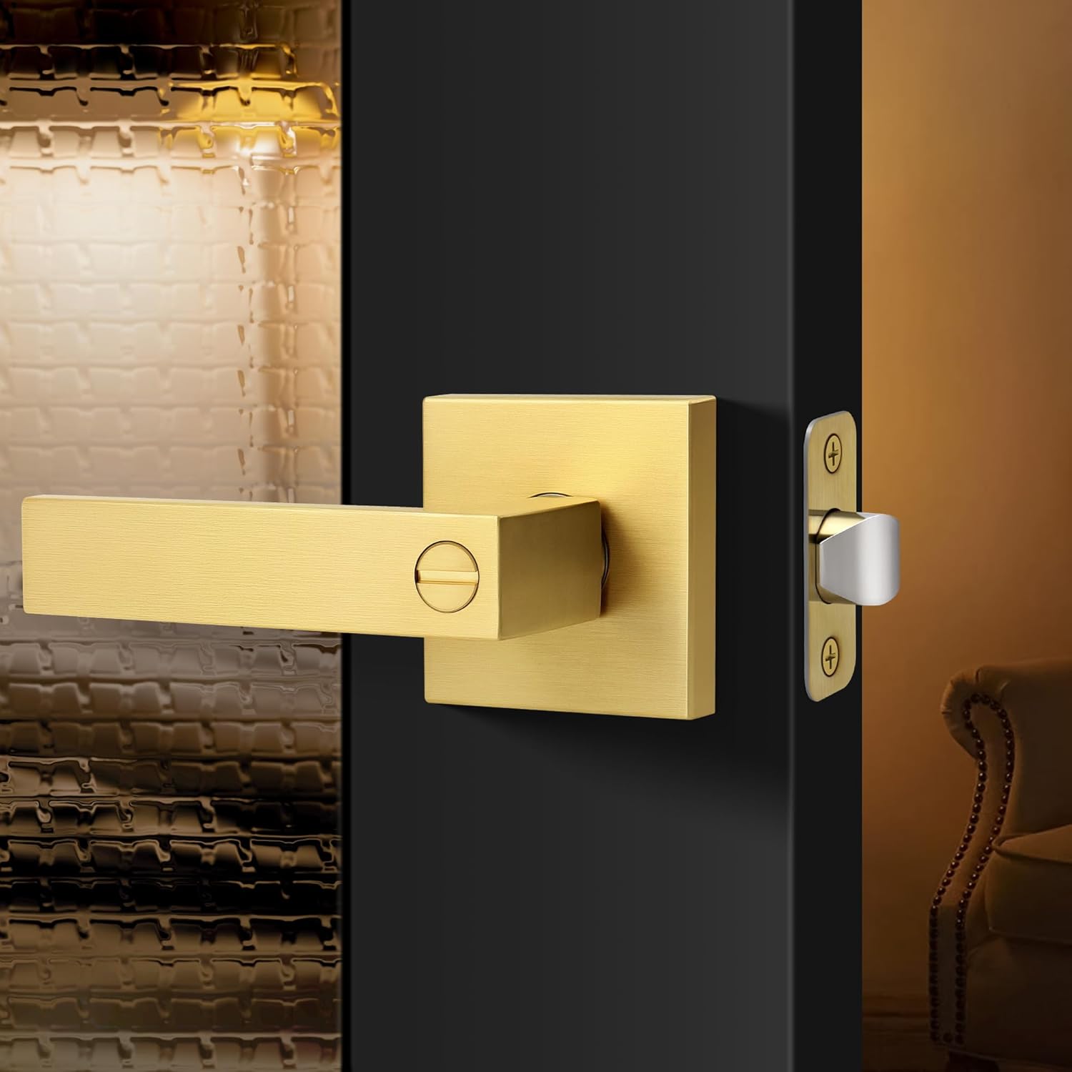 Brushed Gold Heavy Duty Privacy Door Lever with Lock, Square Design Interior Door Lever No Key, Reversible Handle for Bedroom and Bathroom Door Lock, Satin Brass