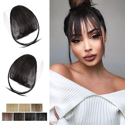 HANYUDIE Flequillo con clip, extensiones de cabello humano con clip en color marrón y negro con flequillo de sien para mujer (marrón negro)
