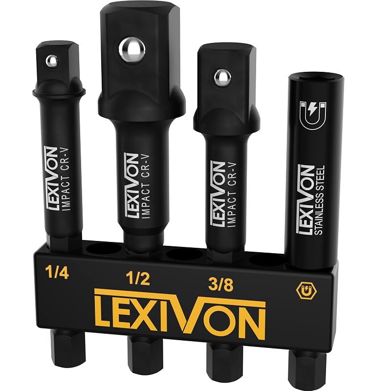 Kit de Adaptadores para Soquetes de Impacto e Suporte Magnético LEXIVON LX-104, Haste Sextavada de 6,35 mm para Encaixes de 6,35 mm, 9,5 mm e 12,7 mm, 4 peças