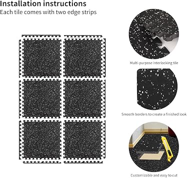 0.56in Thick 24 Sq Ft Gym Flooring for Home Gym, 6 Tiles Workout Exercise Equipment Mats, Rubber Top with EVA Foam, Interlocking Puzzle Floor Tiles for Fitness Room, Protective Flooring Mat