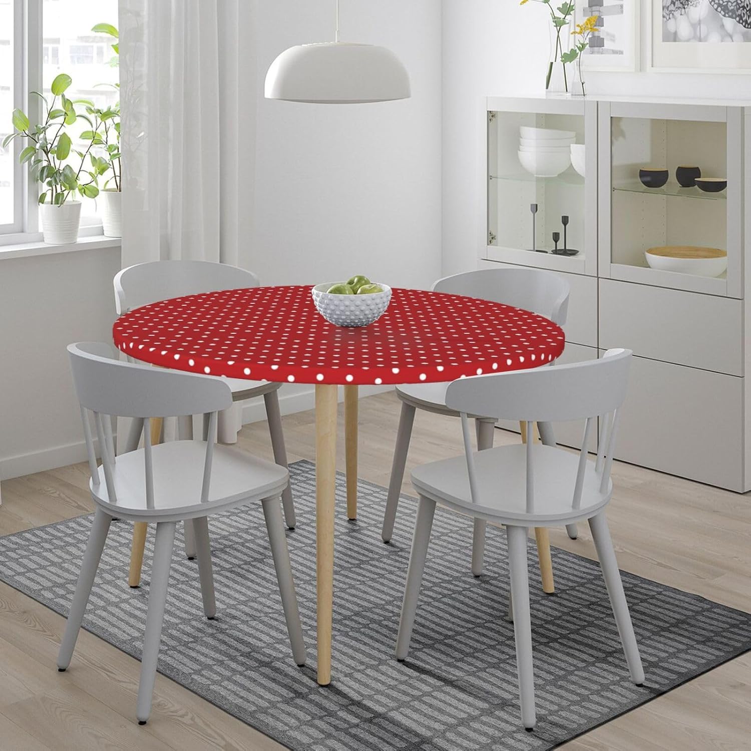 Big White dot Print Outdoor Patio Kitchen Decor Supplies Wipeable Round Table Cloth for Indoor Outdoor