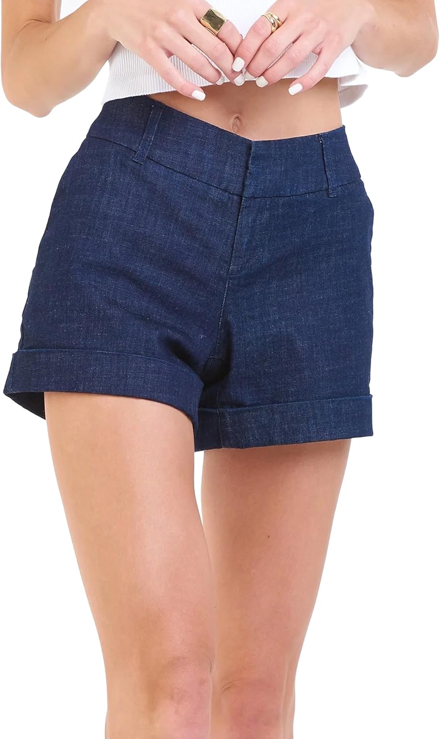 DEAR JOHN Hampton Low Rise Denim Shorts for Women Tailored Trouser Fit with Cuffed Hem and Casual Stretch Comfort