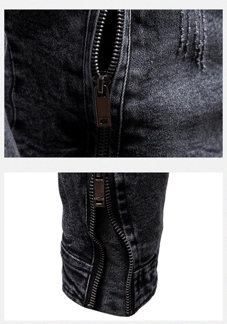 Mens Warm Winter Denim Jacket Stand Collar Fleece Lined Trucker Jackets Fashion Vintage Distressed Motorcycle Coat