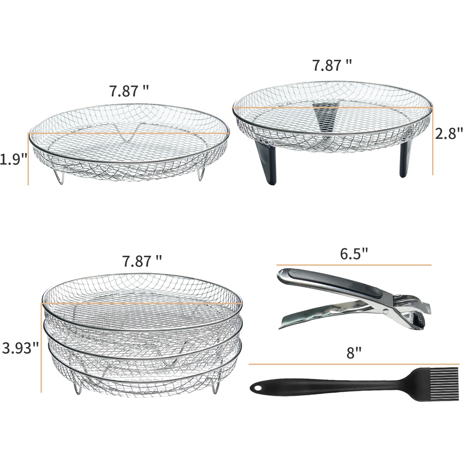 Estantes para freidora de aire de acero inoxidable, 11 piezas, accesorios universales para freidora de aire, estantes deshidratadores apilables de 3 capas con cepillo de aceite y abrazadera, bandeja 2
