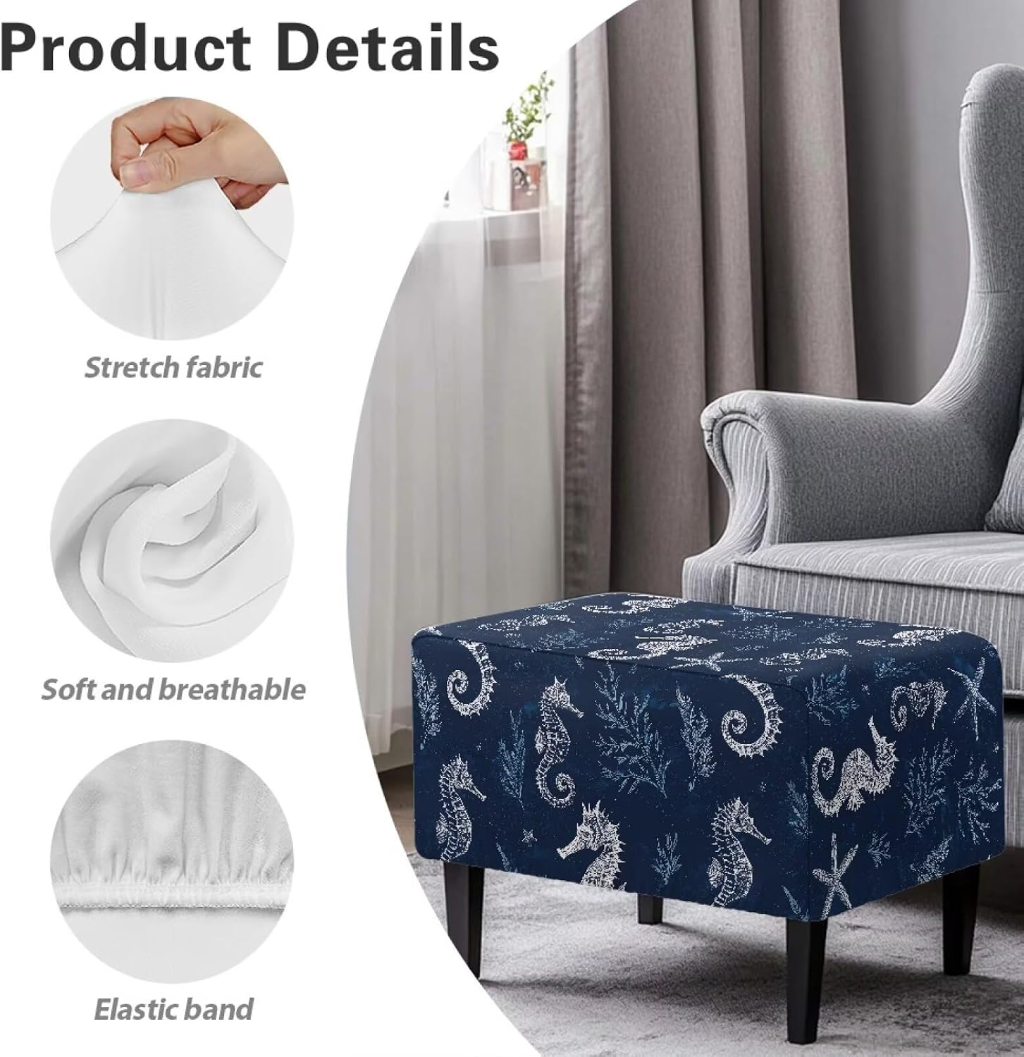 Coastal Leaves Ottoman Covers Rectangle Seahorse Starfish Footrest Stool Covers with Elastic Bottom Fits 33"-30"-15" Rectangular Foot Ottoman Stool for Living Room Bedroom - L