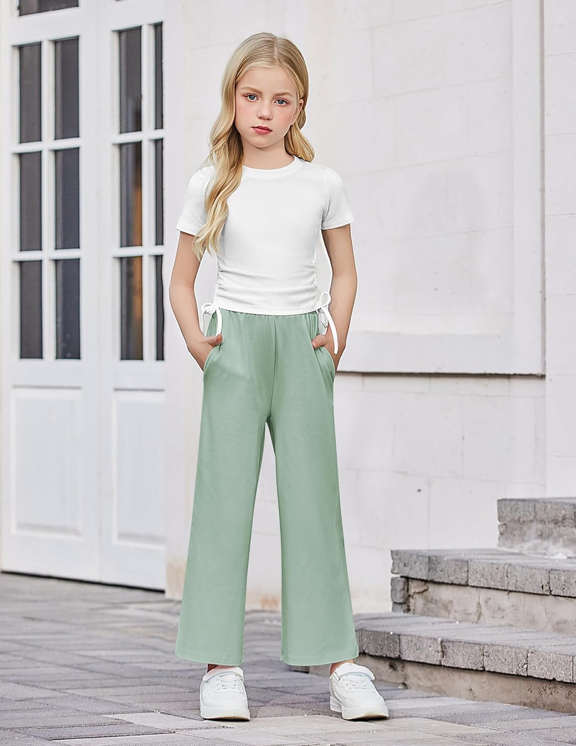 Arshiner Girls 2 Piece Outfits Short Sleeve Ruched Drawstring Crewneck Tops and Wide Leg Pants with Pockets Clothing Sets - Image 4