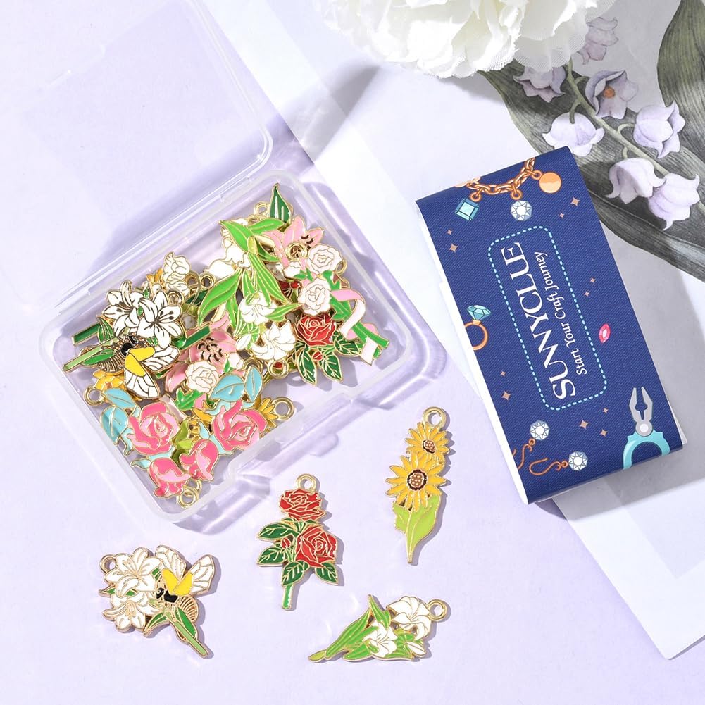 SUNNYCLUE 1 Box 20Pcs 10 Styles Enamel Flower Charm Gold Floral Charms Bulk Metal Alloy Spring Sunflower Lily Rose Lily of The Valley Pendants for Jewelry Making Necklace Bracelet Earring DIY Craft - Image 7