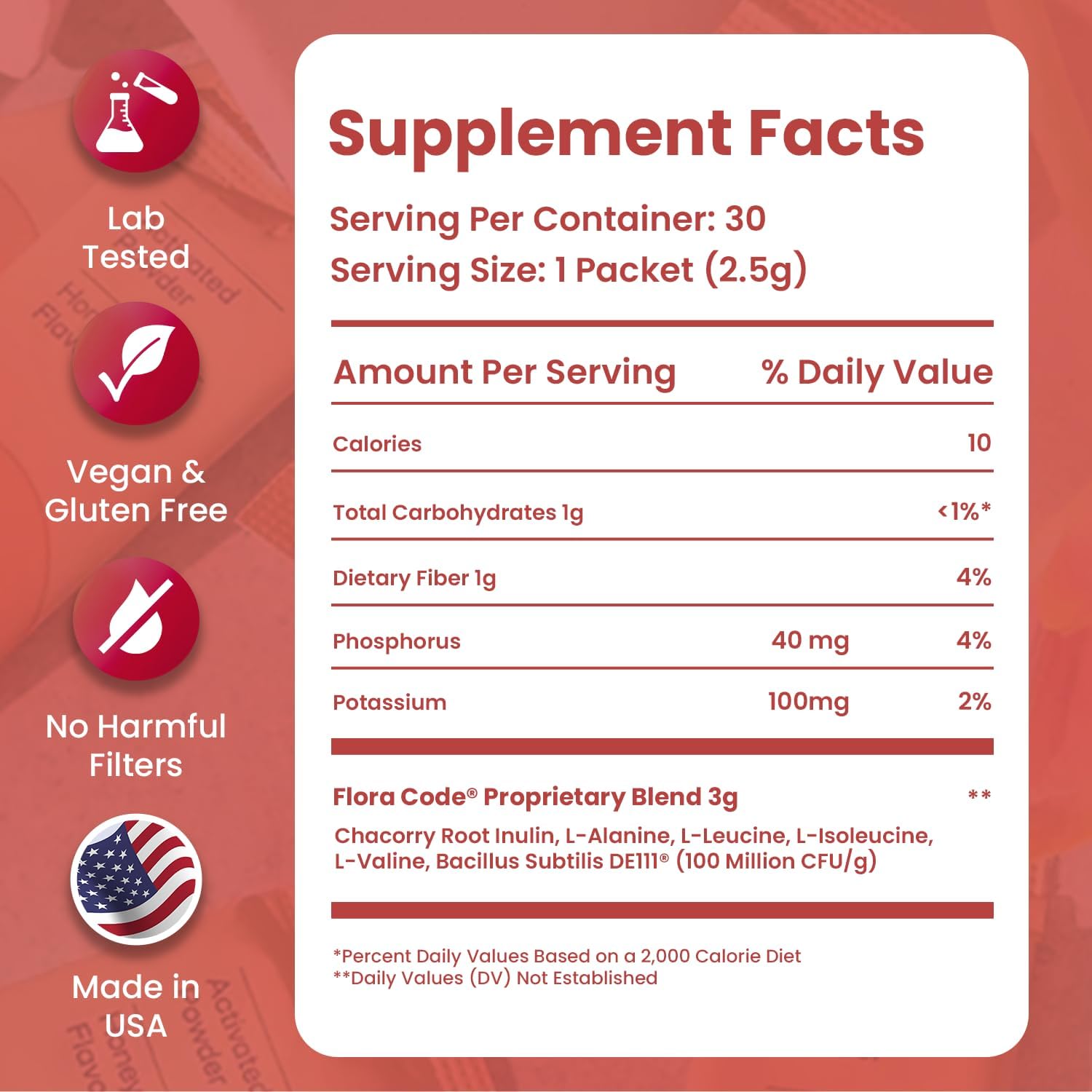 Probiotic Powder, Peach Elderflower Flavor, 30 Day Supply, with DE111 Bacillus Subtilis, Inulin and BCAAs