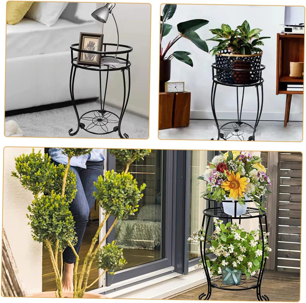 Heavy Duty 2-tier Metal Plant Stand Black Indoor Outdoor Flower Pot Holder Rustic Plant Shelf for Patio and Garden Use