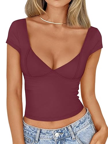 Trendy Queen Womens Summer V-Neck Backless Cute Tops Short Sleeve Sexy Slim Fit T-Shirts Y2K Clothes Corset Cami 2025 - Medium - Wine Red