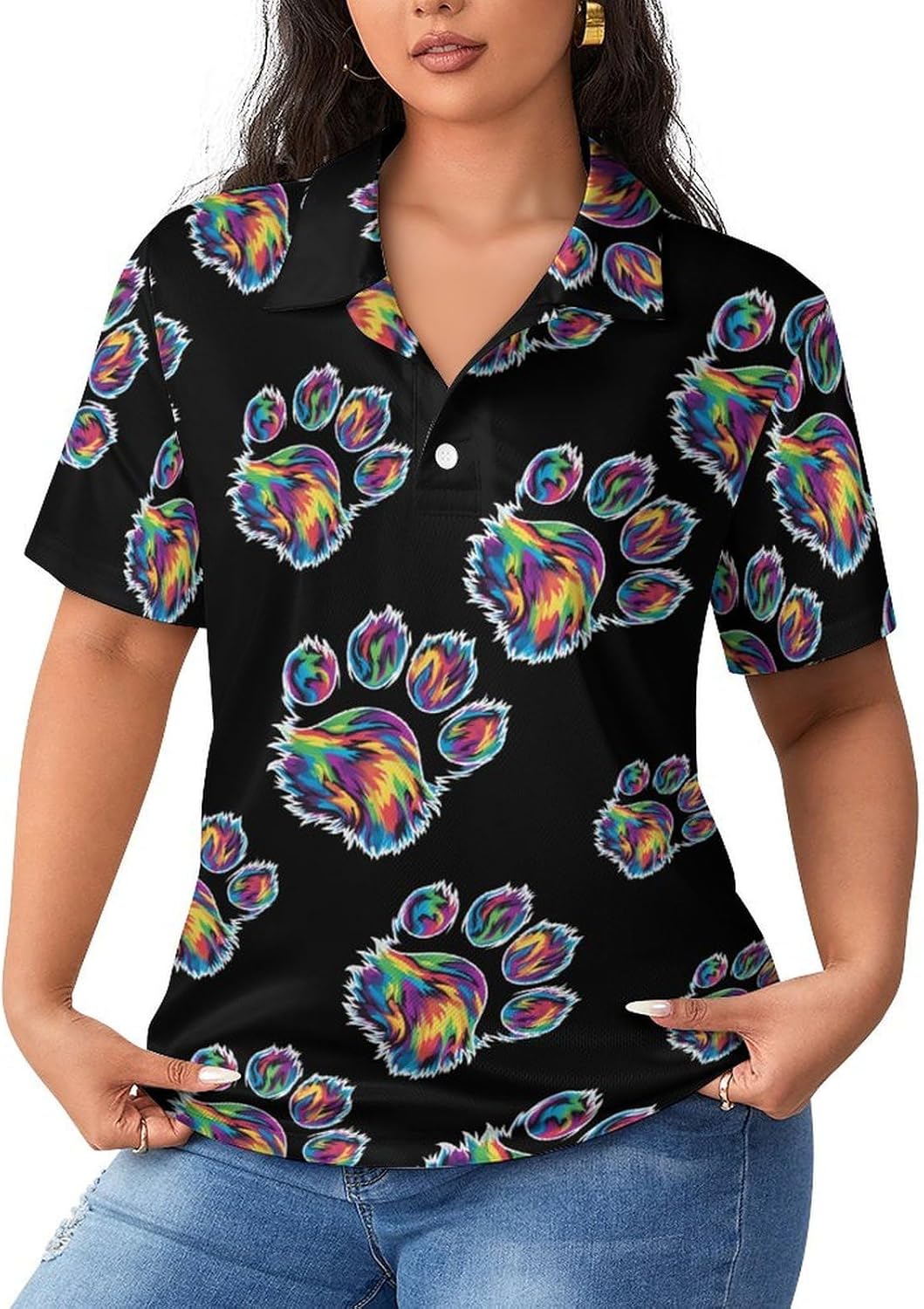 Tie Dye Cat Dog Paw Womens Golf Polo Shirts Summer Short Sleeve Collared 3 Buttons T Shirt Activewear Tops