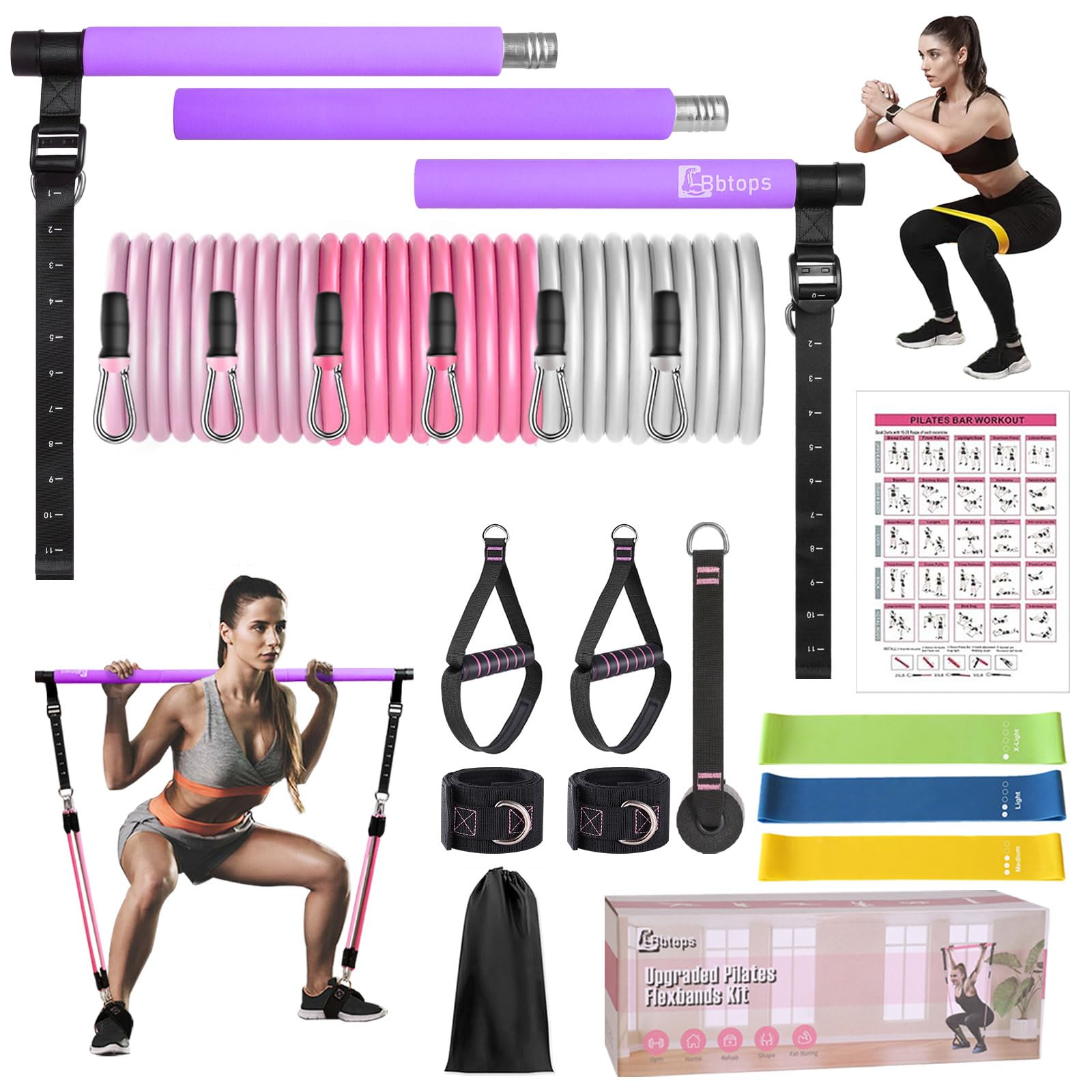 Pilates Bar Kit with Resistance Bands,Pilates Bar with Stackable Bands Workout Equipment for Legs,Hip,Waist and Arm,Exercise Fitness Equipment for Women & Men Home Gym Yoga Pilates