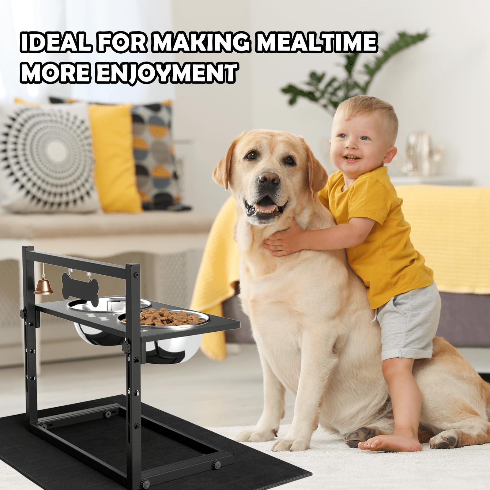 Cuencos elevados para Perros con comedero Lento, con Alfombrilla a Prueba de derrames, Altura Ajustable de 4.3 a 11.8 Pulgadas, Dos Cuencos de Acero Inoxidable de 1.7 L para Comida y Agua, Soporte