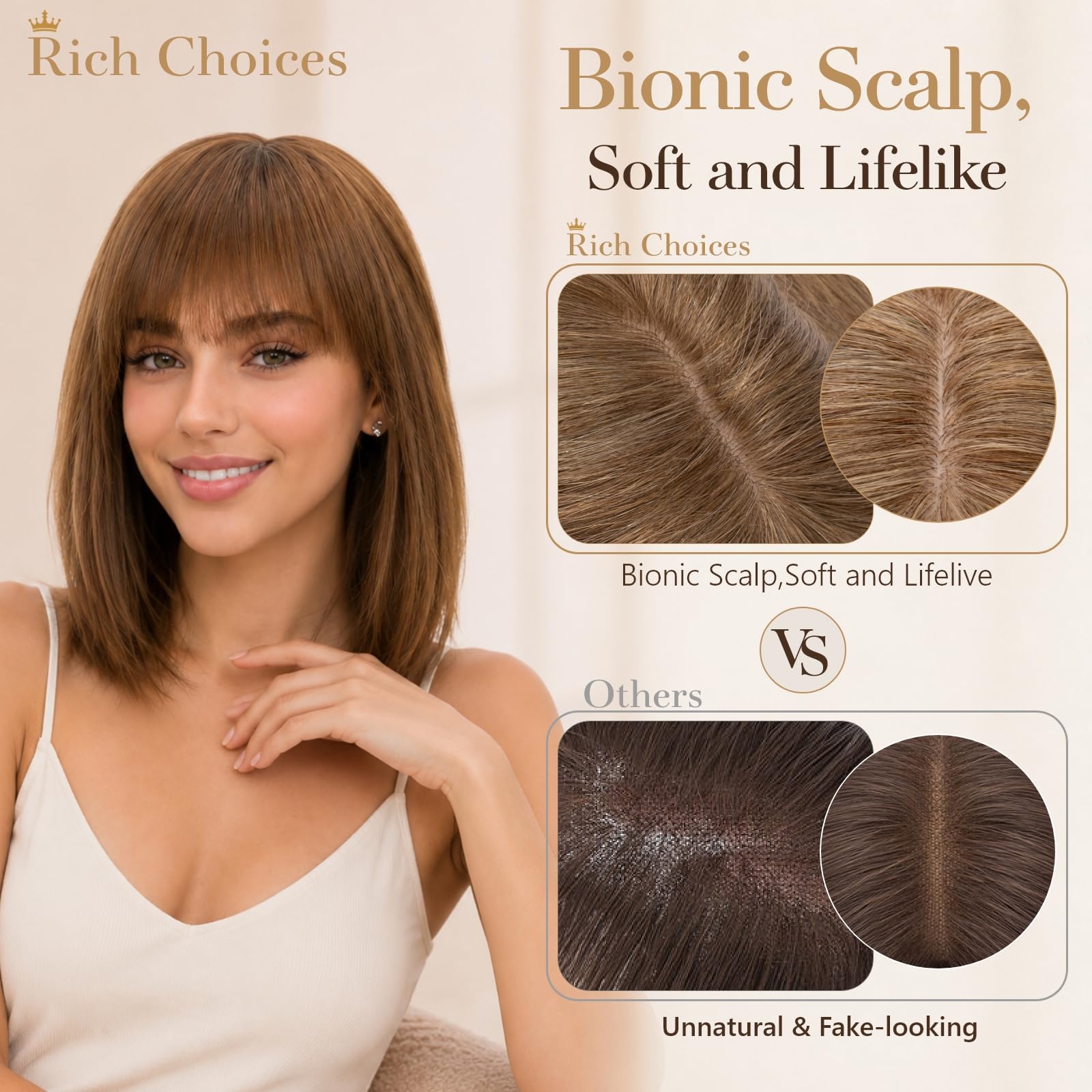 Rich Choices Hairpieces for Women Human Hair with Bangs Hand Woven Clip in Human Hair Bangs Natural Straight Remy Hair Extensions 25cm 28g #6 Brun