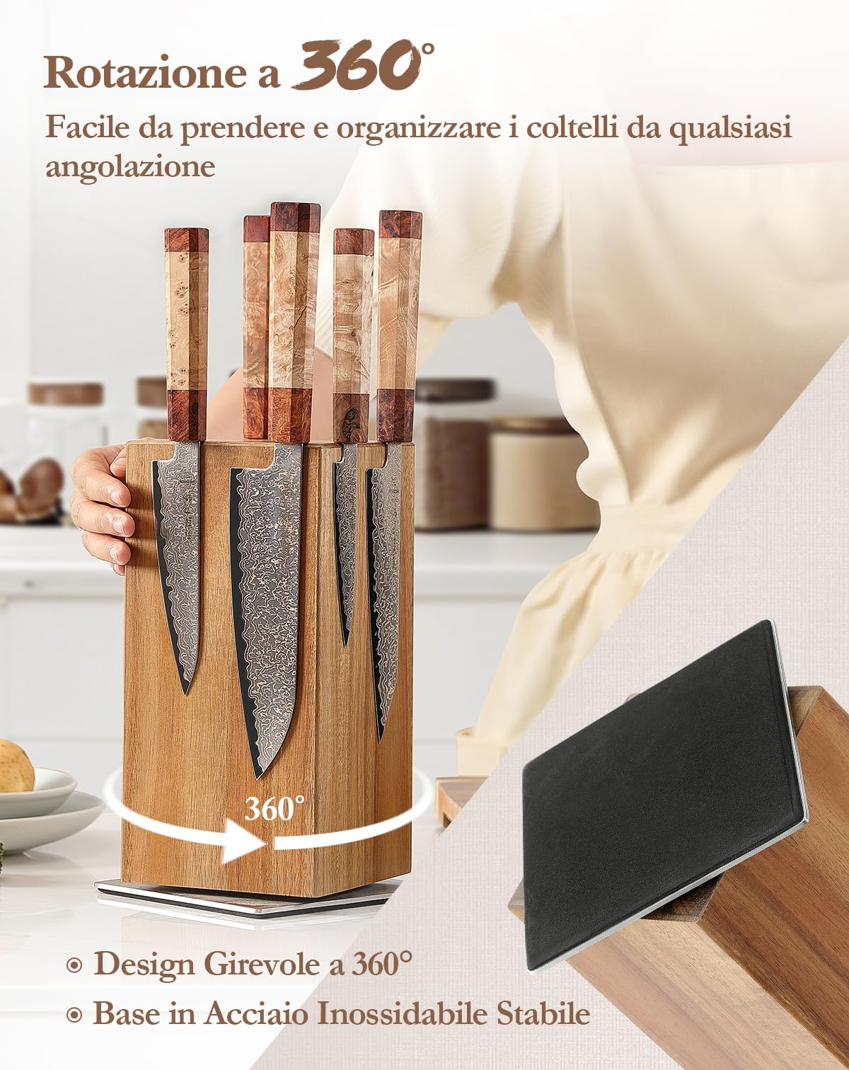 HEZHEN Ceppo Portacoltelli Magnetico Girevole 360° Legno d'Acacia - Blocco Rotazione - Supporto Magnetico a Quattro Lati per Coltelli da Cucina con Base Antiscivolo