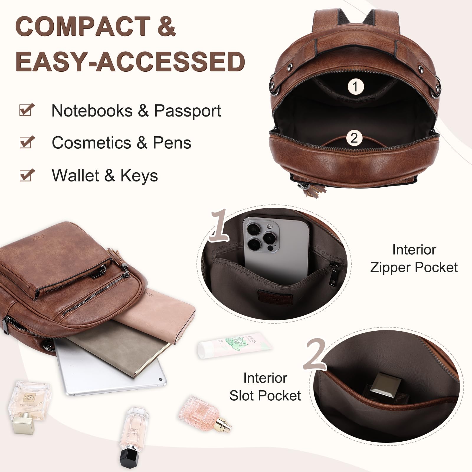 Mochila Pequeña Mujer, Bolso Mochila de Cuero PU Mini Mochila Viaje de Moda Mochila Antirrobo Bolso Bandolera Universidad Mochila Convertible para Diario Trabajo Esculea, Marron