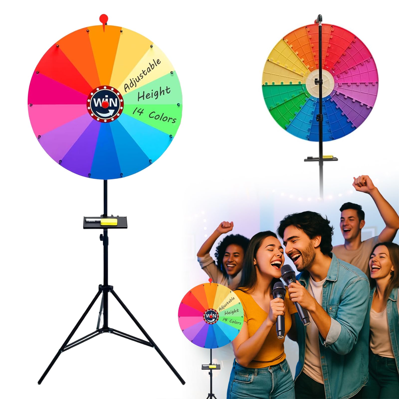 CEWROM 61 cm großes Glücksrad, 14 Farben, höhenverstellbar 100-200 cm, löschbares Kritzelspiel, inkl. Marker & Radiergummi, verstaubar mit Ablage – ideal für Partys, Messen & Karneval