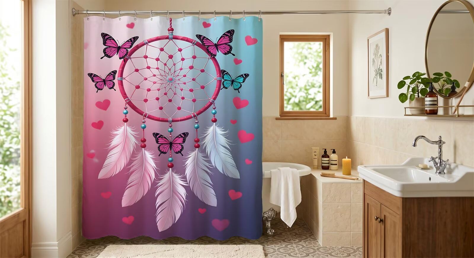 Rideau de baignoire attrape-rêves avec 8 crochets, rideau de douche moderne lavable 120 x 180