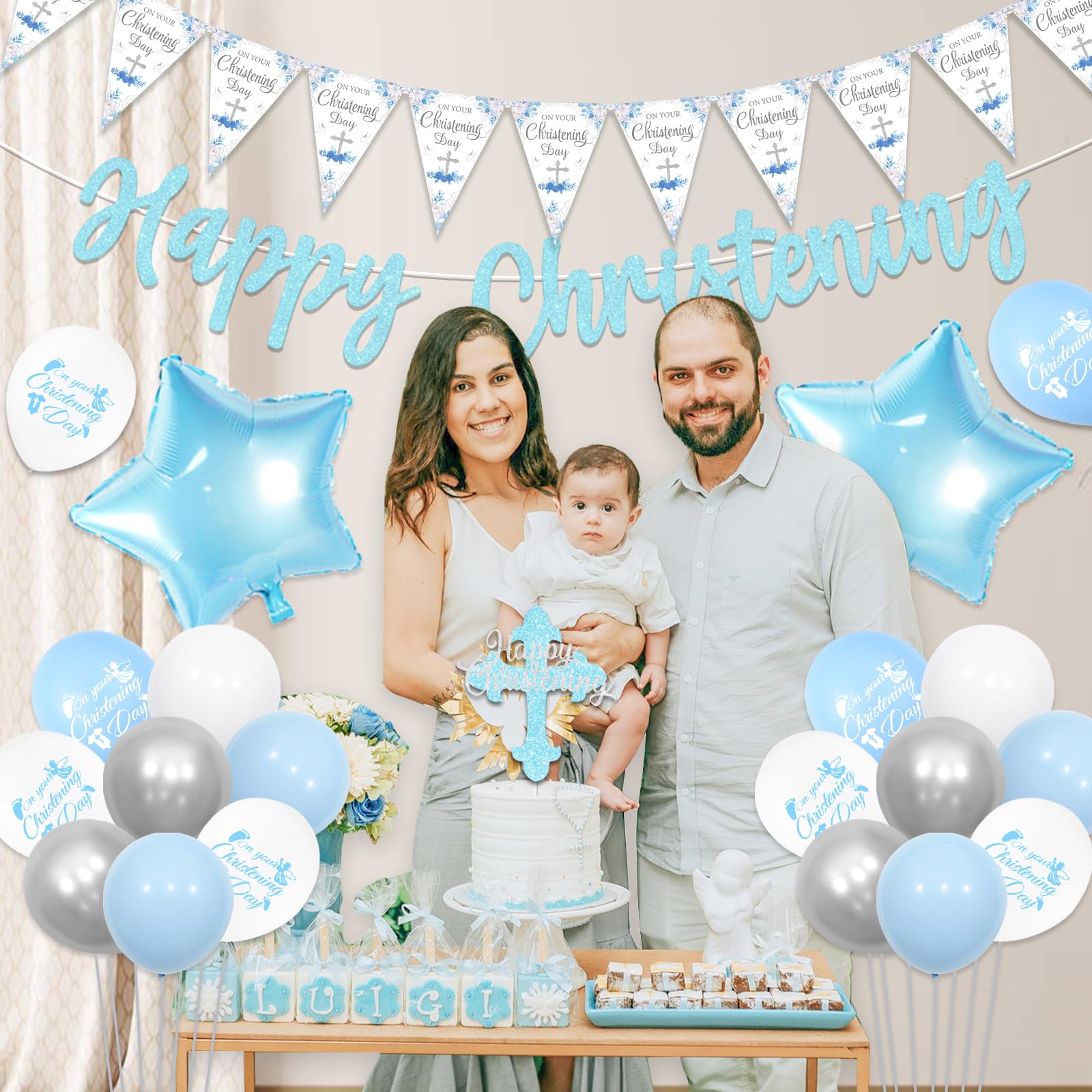 Christening Decorations for Boys Blue, Happy Christening Banner Balloons,  On Your Christening Day Bunting Banner, Baby Blue White Balloon Arch Cake  Topper for Baptism Party First Communion Baby Shower – BigaMart, image size:1600x1600