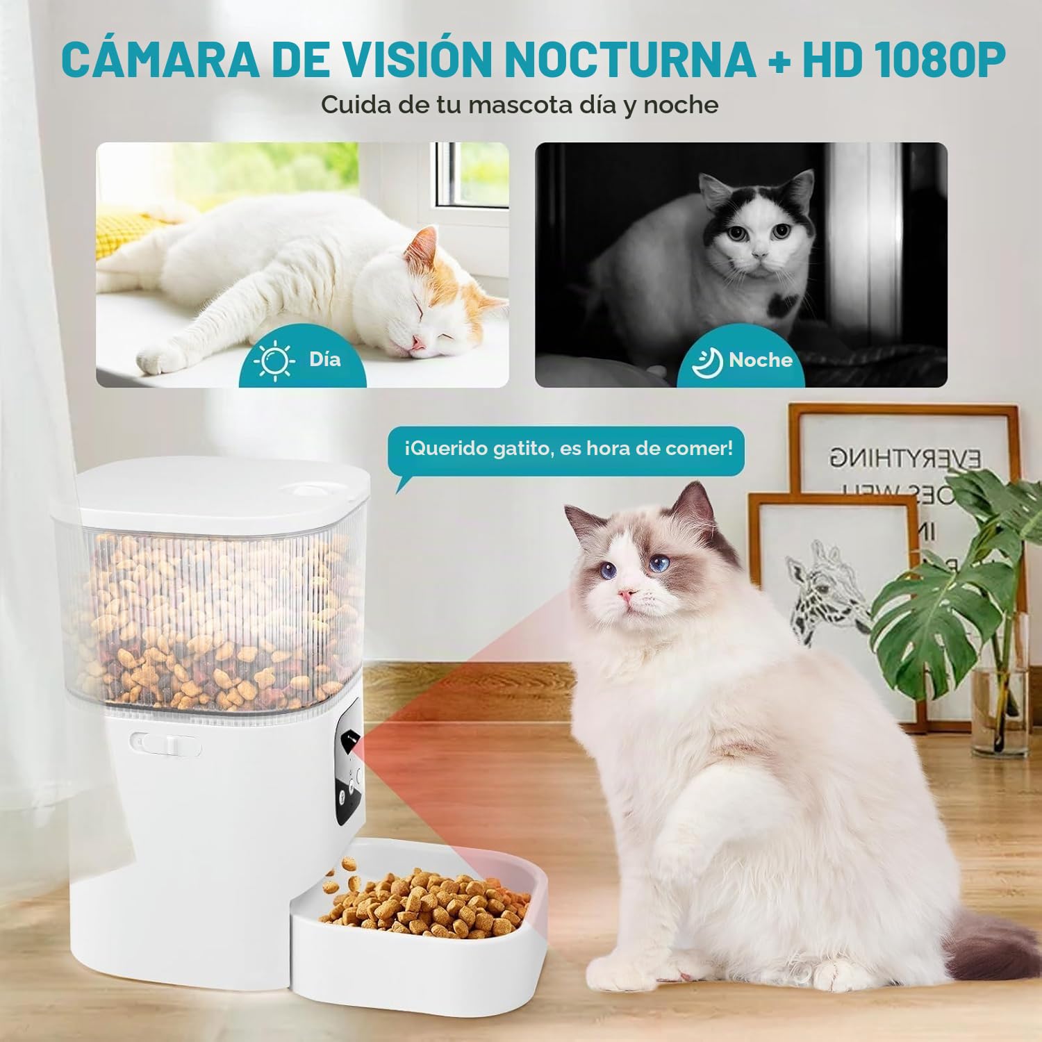 Comedero Gato Automatico con Cámara, 3L Dispensador Comida 2,4G WiFi+Bluetooth Comedero Automatico Gato, Función Temporizador y Grabadora de Voz