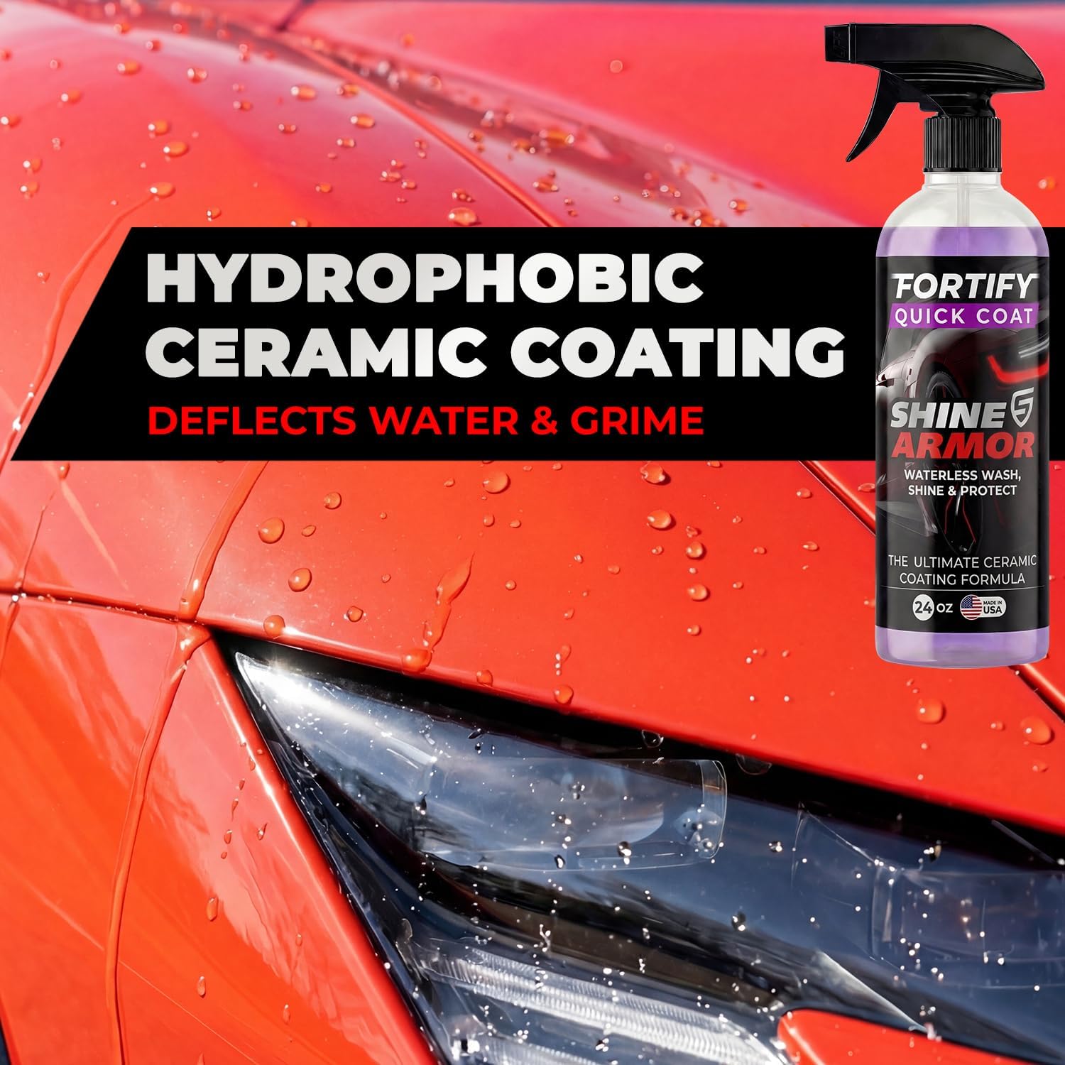 SHINE ARMOR Fortify Quick Coat: 3-in-1 Waterless Car Wash Spray with Ceramic Coating - Car Wax, Paint Protector, and Cleaner for Trucks, Bikes and SUVs, Made in USA, 16floz