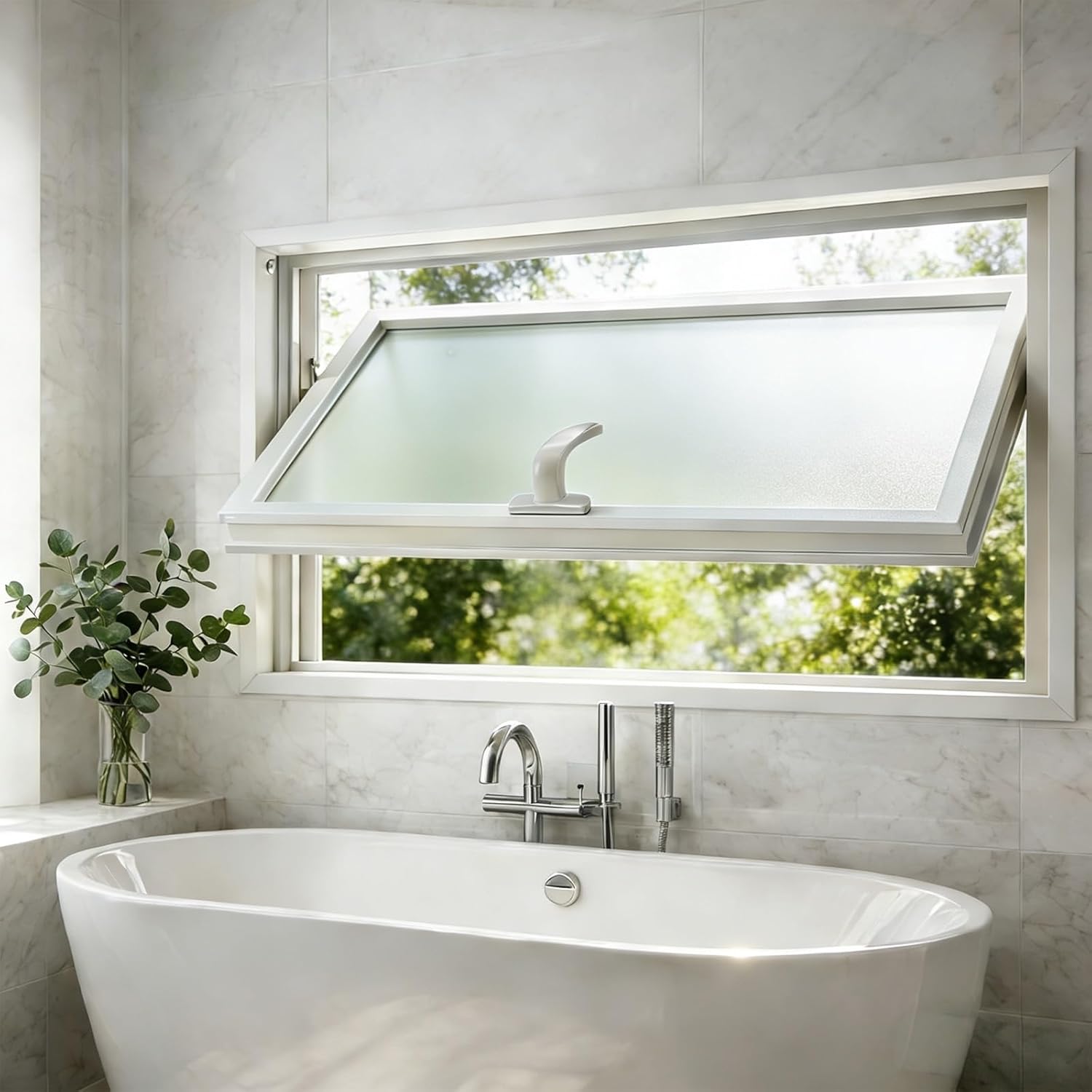 White Aluminum Bathroom Window with Frosted Glass, 360° Rotating Opaque Privacy Window for Spa Sunroom & Nursery, 5mm Tempered Glass Flush Mount Replacement Vent(40x24in)