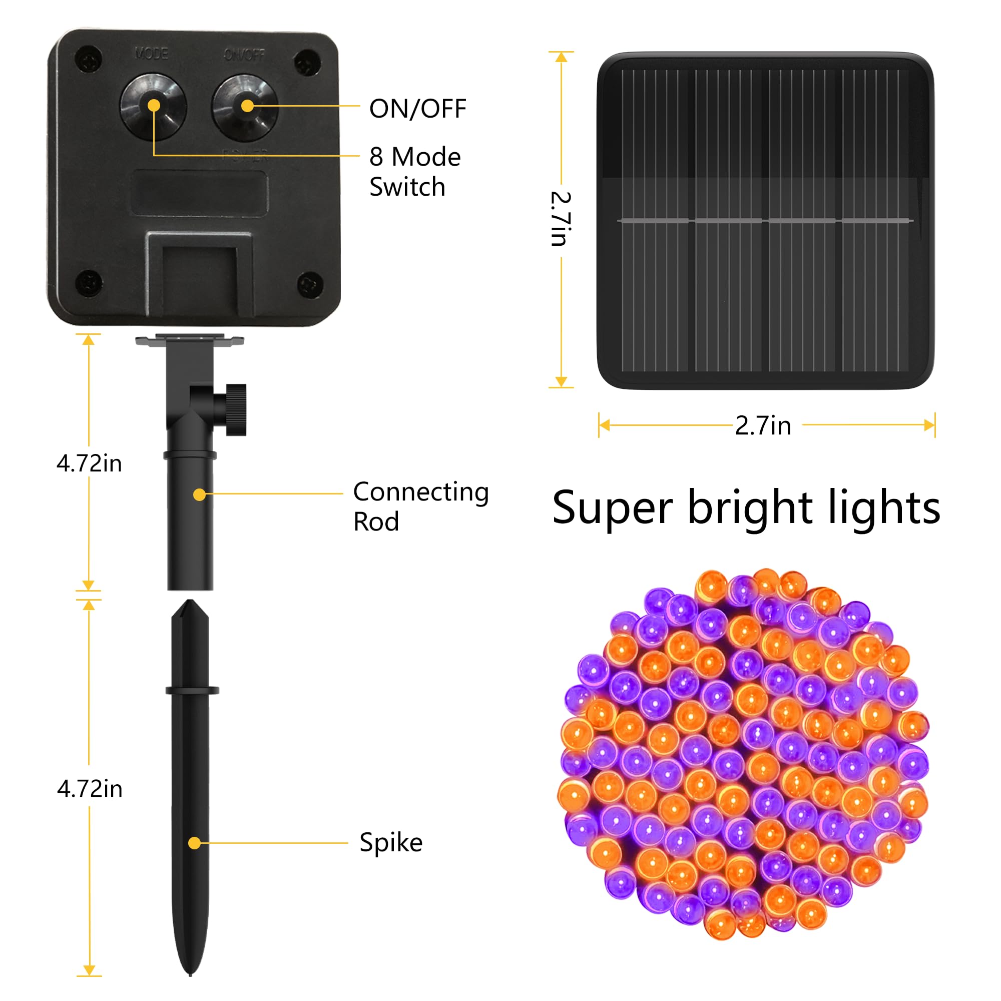 Flechllary - Confezione da 400 luci solari per Halloween, 400 LED, arancioni e viola, luci solari per esterni, con 8 modalità, impermeabili, per patio, giardino, feste, cortile, decorazione