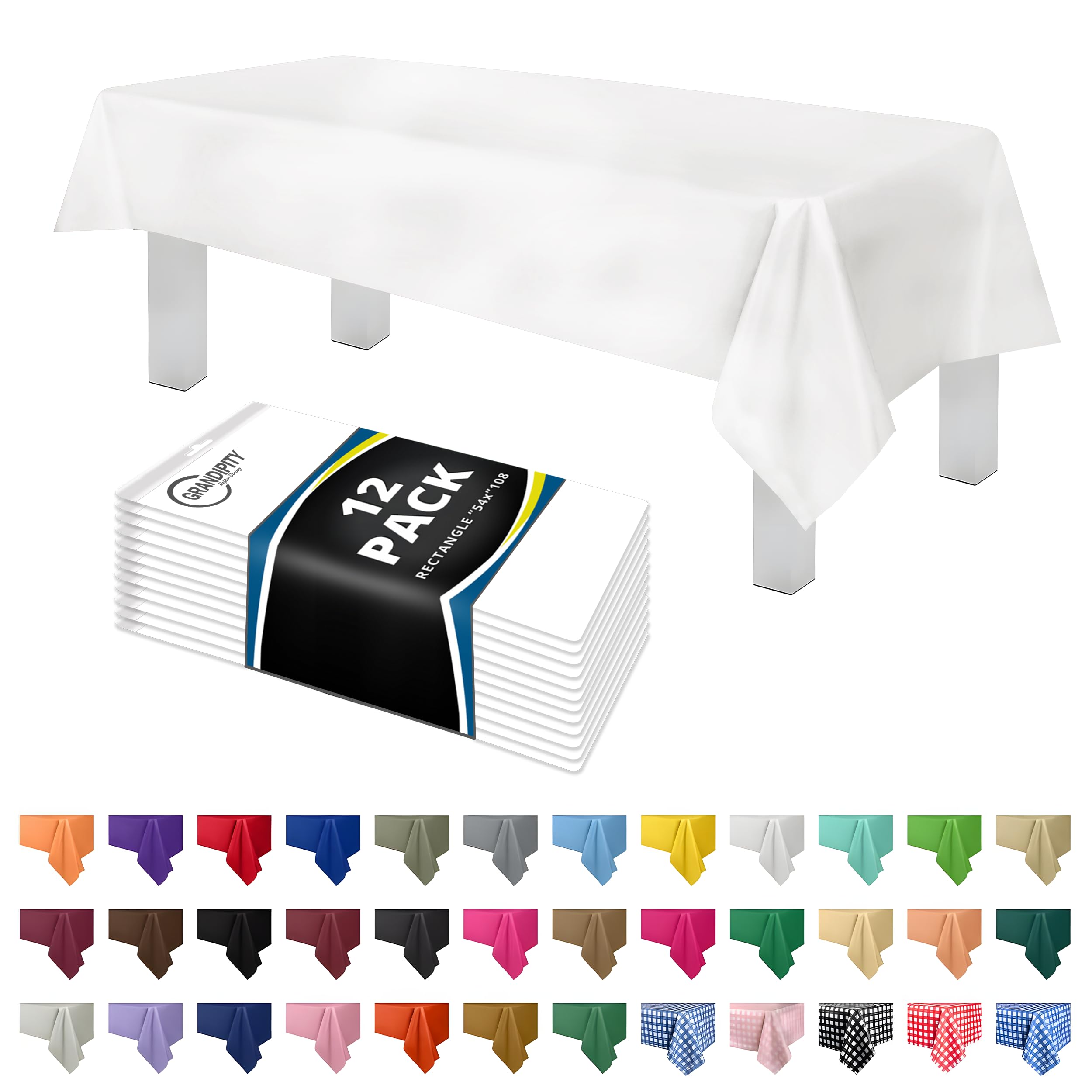 Grandipity 12 Pack Premium Disposable Plastic Tablecloth 54 Inch. x 108 Inch. with 0.3mm Thickness Table Cover - White